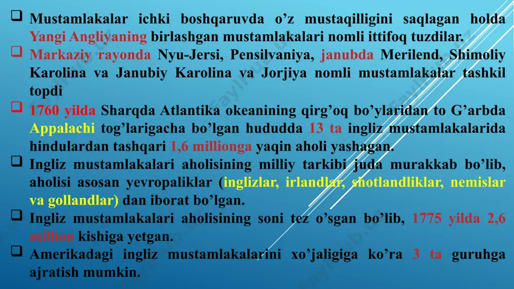 ali kemalardagi ingliz choylarini suvga tashlatdilar. bu voqyea tarixda «boston choyxo’rligi» deb ataladi. 1774 yil ogayo va missisipi shtatlari orasidagi hududlarni kvebek provinsiyasiga berish to’g’risidagi mashhur qonun e’lon qilindi. bu qonun vakillik organiga ega bo’lmagan, katolik dini hukmron bo’lgan mustamlaka - kvebek hududining kengaytirilishini anglatar edi. bu qonun virginiya, massachusets va konnektikut mustamlakalarining shimoliy-sharqqa tomon kengaytirish to’g’risidagi talablariga zid kelmoqda edi. mustamlakalarni birlashtirish maqsadida massachusets va virginiya mustamlakalarining tashabbusi bilan 1774 yil 5 sentyabrida filadelfiyada kongress chaqirildi. bu kontinental kongressda ingliz hukumati bilan qonuniy usullarda munosabatda bo’lish tarafdorlari – loyyalistlar ko’pchilikni tashkil qildi. ular angliya bilan mustamlakalar uchun maxsus konstitusion rejim asosida aloqalarni saqlab qolishni taklif etdilar. bu kongressda virjiniyalik deputat jorj vashington (1732-1799) katta rol o’ynaydi kongressdagi virjiniyalik deputatlar orasida advokat va publisist tomas jefferson (1743-1826) ham o’zining o’tkir chiqishlari bilan ajralib turdi. jefferson yerga mutloq egalik va merosga katta o’g’ilning egalik huquqini bekor qilishni, qulchilikni tugatilishini talab qilib …