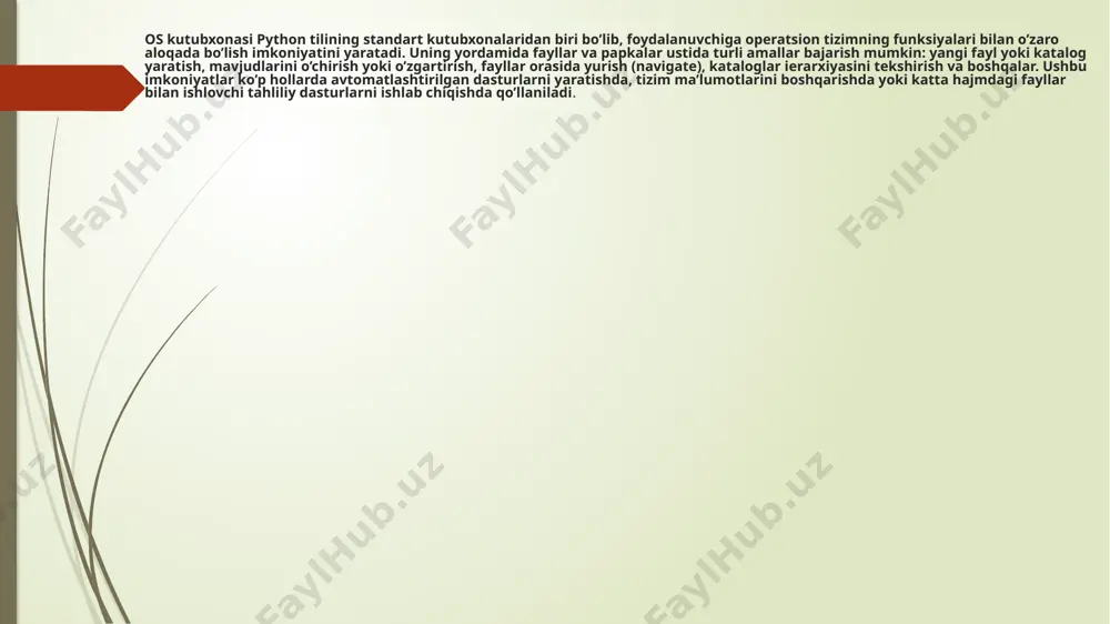 kataloglarni yaratish, nomini o’zgartirish, o’chirish, mavjudligini tekshirish kabi ishlarni bajara olasiz. bu ko’p hollarda fayl tizimini avtomatlashtirishda qo’l keladi. python’dagi os kutubxonasi operatsion tizim bilan bevosita muloqotda bo’lish va uning resurslarini boshqarishda juda muhim ahamiyatga ega. ushbu kutubxonaning asosiy vazifalaridan biri – fayllar va kataloglar bilan ishlashdir. python “os” moduli yordamida har qanday fayl yoki katalogga tegishli operatsiyalarni bajarish mumkin. bunda fayl – bu saqlash tizimidagi ma’lumotlar birligi bo’lib, ularga matn, raqamlar, rasm, video, dastur kodi yoki boshqa har qanday ma’lumot turini yozish mumkin katalog yoki papka – bu fayllar va boshqa kichik kataloglarni o’z ichiga oluvchi mantiqiy konteynerdir. kataloglar ma’lumotlarni hiérarchik (daraxt shaklidagi) tuzilishda tartibga solish imkonini beradi. ular yordamida bir joyda ko’plab fayllarni guruhlash, ularni guruhiy tarzda saqlash va boshqarish osonlashadi. fayl yaratish fayl yaratishda ko’pincha open() funksiyasi bilan birga os kutubxonasi ham ishlatiladi:import os f = open("namuna.txt", "w") f.write("bu fayl yaratildi.") f.close() print("fayl yaratildi!") os yordamida fayl …