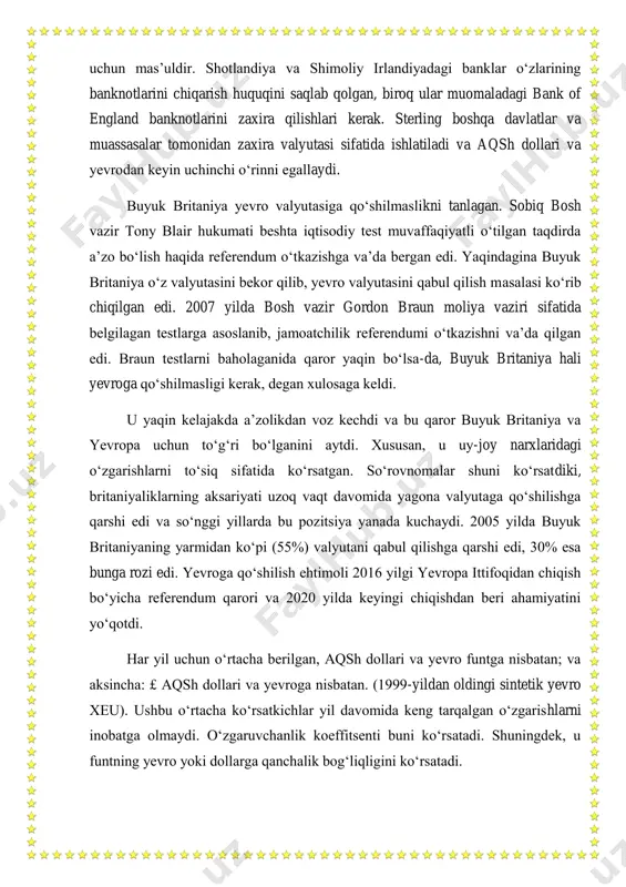 st ko‘rsatkich hisoblanadi. 2022-yilning mos davrida inflyasiya darajasi 10,5 foizni tashkil qilgandi. 2023-yil davomida angliya banki iqtisodiyotda talabni sovitish va narxlar oshishini sekinlashtirish maqsadida asosiy stavkasini ketma-ket 5 marta ko‘tardi. 2023-yilning fevral oyida asosiy stavka 3,5 foizdan 4,0 foizga oshirilgan bo‘lsa, mart oyida 4,25 foizga, may oyida 4,5 foizga, iyun oyida 5 foizga va avgust oyida 5,25 foizgacha ko‘tarildi. hozirga qadar asosiy stavka 5,25 foiz darajasida saqlanib turibdi. bu esa so‘nggi 15 yil davomidagi eng yuqori ko‘rsatkich hisoblanadi. asosiy stavkaning ko‘tarilishi natijasida moliya bozorlarida foiz stavkalarining ko‘tarilishi moliyaviy vositalardan (masalan, depozitlar) keladigan daromadlarning oshishiga olib keldi va odamlarni sarflash o‘rniga ko‘proq jamg‘arishga undadi. bu esa tovarlar va xizmatlarga bo‘lgan talabni kamaytirdi. iste’mol va ipoteka kreditlari bo‘yicha yuqori foiz stavkasi odamlar va kompaniyalar kamroq qarz olishi va xarajatlar ehtimolini kamaytirdi va natijada iqtisodiy faoliyatning sekinlashishi talab inflyasiyasini kamaytirdi. foiz stavkasining ko‘tarilishi hamda talabning kamayishi importga bo‘lgan bosimni kamaytirib, valyuta kursining mustahkamlanishiga …