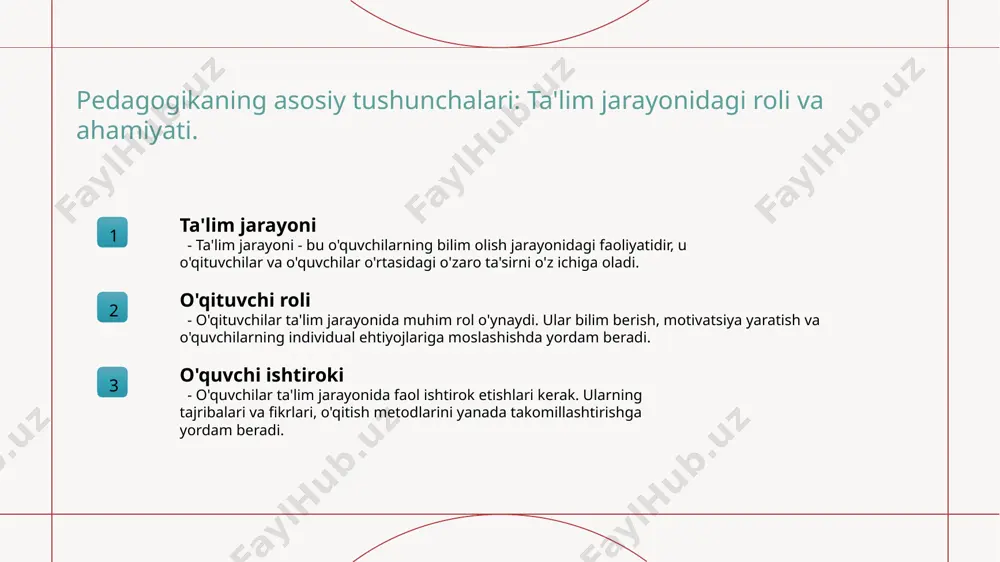 ini beradi. 3 kvantitativ tadqiqot kvantitativ tadqiqotlar statistik ma'lumotlar orqali o'qitish metodlarini baholaydi, bu esa ta'lim jarayonidagi o'zgarishlarni aniqlashga yordam beradi. kvalitativ va kvantitativ tadqiqot usullarining taqqoslanishi. kvalitativ tadqiqot kvalitativ tadqiqot usullari, ko'proq insoniy tajribalarni va hissiyotlarni chuqur o'rganishga qaratilgan. bu usul orqali ta'lim jarayonidagi individual nuqtai nazarlarni o'rganish mumkin. kvantitativ tadqiqot kvantitativ tadqiqot usullari, ma'lumotlarni raqamlash va statistik tahlil qilishga asoslangan. bu usul yordamida ta'lim samaradorligini o'lchash va umumiy tendensiyalarni aniqlash mumkin. taqqoslash xususiyatlari kvalitativ va kvantitativ tadqiqot usullari o'rtasida asosiy farq, birinchisi sifatni, ikkinchisi esa miqdorni o'rganishga qaratilgan. ularning birgalikda qo'llanilishi yanada chuqurroq natijalar beradi. pedagogik tadqiqotlarda innovatsion yondashuvlar. 1 innovatsion metodlar pedagogik tadqiqotlarda innovatsion metodlar, masalan, dizayn fikrlash va aksiya tadqiqotlari, o'quv jarayonini yanada samarali qilishga yordam beradi. 2 texnologiyalar roli zamonaviy texnologiyalar, masalan, onlayn platformalar va simulyatsiyalar, o'qituvchilar va o'quvchilarga oson bilim almashishga imkon beradi, natijada ta'lim samaradorligini oshiradi. 3 hamkorlik yondashuvi pedagogik tadqiqotlarda hamkorlik yondashuvlari, …