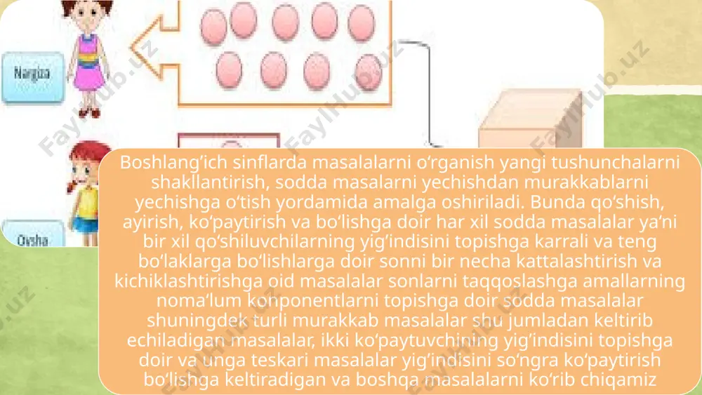 sh kerak. bunda qarama- qarshi harakatni: keldi-ketdi, yaqin kelishdi-uzoqlashdilar, oldiberishdi, ko‘tarishdi-tushirishdi, olib kelishdi- olib ketishdi, uchib ketishdi nazarda tutuvchi yig’indi va qoldiqni topishga oid masalalarni taqqoslash maqsadga muvofiqdir. 4 ko‘rgazmali masalalar. dastlab bolalarga mavzu mazmuni to‘g’risida gapiriladi, hamda berilgan sonlar tasvirlangan rasmlar ko‘rsatiladi. rasm bo‘yicha birinchi masalani o‘qituvchining o‘zi tuzadi.u bolalarni rasmlarni ko‘rib chiqishiga, berilgan sonlarni hamda miqdoriy munosabatlarning o‘zgarishiga olib kelgan hayotiy harakatlarni ajratib olishga o‘rgatadi. masalan, rasmda 5 ta shar ushlagan bola tasvirlangan, u 1 ta sharni qizchaga bermoqda. rasmni ko‘zatayotib o‘qituvchi: bu erda nima tasvirlangan? bola nima ushlab turibdi? unda nechta shar bor? u nima qilmoqda? biz nimani bilamiz? masalani shartini tuzing. nima haqida so‘rash mumkin? deb so‘raydi.o‘qituvchi berilgan sonlarni o‘zgartirib, bolalarni ayni bir mavzuda har xil mazmundagi yig’indi va qoldiqni topishga oid masalalarni o‘ylab topishga, hikoya qilishga o‘rgatishda foydalanadigan hohlagan mazmundagi rasm asosida masala tuzishga undaydi. 5 6 matematik masalalar sodda va murakkab masalalarga ajratiladi. bitta …