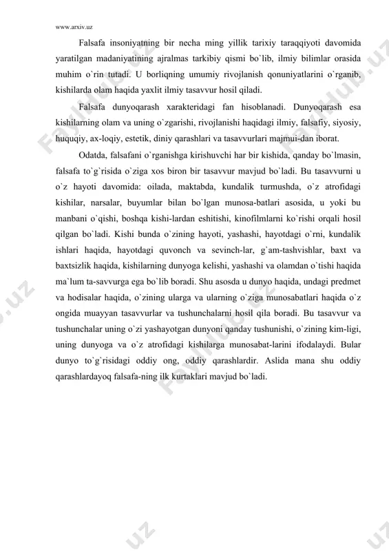 k, degan so`zlar) bo`lib, uning lug`aviy ma`nosi, «donishmandlikni se-vish» yoki «donishmandlik haqidagi ta`limot» deganidir. lekin falsafa fanida «falsafa» atamasi butunlay bosh-qacha mazmunga egadir. u falsafa fanida bir butun dunyo, borliq, materiya, tabiat va jamiyat, inson, insonning ularga va o`ziga munosabatlarini, insonning dunyoni nazariy o`zlashtirishini ifodalaydi. falsafa fani esa ana shu dunyo, borliq, materiya, tabiat va jamiyatga insonning munosabatini, uning jamiyatdagi o`rni va rolini, inson bilishi-ning eng umumiy qonunlarini o`rganadi. kishilar qadim zamonlardan boshlab dunyo, borliq, materiya nima, ular qanday tuzilgan? dunyoning asosida nima yotadi? insonning o`zi nima? inson dunyoda qanday o`rin tutadi? inson ongi va tafakkuri nima, u dunyoga qanday qaraydi? inson dunyoni bila oladimi? dunyodagi moddiy va ma`naviy narsalar bir-birlariga qanday munosabatda? dunyodagi harakat, o`zgarish, rivojlanish nima? ular qanday sodir bo`ladi? haqiqat va xato nima, ularni bir-biridan qanday ajratish mumkin? vijdon, imon, nomus, mas`uliyat, burch, yaxshilik va yomonlik, oliyjanoblik va tubanlik nima? inson shaxsi nima va uni nima belgilaydi? …