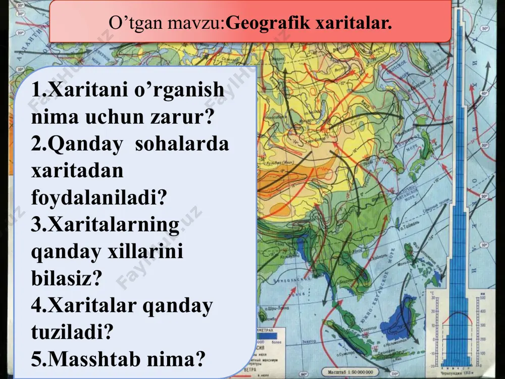 b, quyidagicha bajariladi: 5 · 500 km = 2500 km. demak, shaharlar orasidagi haqiqiy masofa 2500 km ga teng ekan https://t.me/biologiyadan_slaydlar https://t.me/biologiyadan_slaydlar https://t.me/biologiyadan_slaydlar amaliy mashg’ulot. 1sm10km----1:1000000; 1sm:5km----1:500000 1sm:225km----1:22500000 ; 1sm:100km----1:10000000 nomli masshtabni raqamli masshtabga o’zgartiring; 1 sm:10 km; 1 sm:5 km ; 1 sm :225km; 1 sm: 100 km; yechilishi; https://t.me/biologiyadan_slaydlar masshtablarning xillari katta masshtabli o’rtacha masshtabli kichik masshtabli gacha dan katta demak qancha nollar soni ko’p bo’lsa masshtab shuncha kichik, ,nollar soni qancha kam bo’lsa masshtab shuncha kattaroq bo’ladi https://t.me/biologiyadan_slaydlar 1-guruh uchun masala 1-masala. xaritada 1:1 500 000 mashshtab ko‘rsatilgan. bu son nimani anglatadi? yechilishi. xaritadagi 1 cm masofa yer yuzidagi 1 500 000 cm masofaga, ya’ni 15 km ga tengligini bildiradi. 1-topshiriq. 1:30 000 000 masshtabli xaritada ikki shahar orasidagi masofa: a) 3 cm; b) 5 cm; d) 10 cm; e) 15 cm bo‘lsa, ular orasidagi haqiqiy masofani aniqlang. 2-guruh uchun masala 2-masala. avstraliya va okeaniyaning tabiiy xaritasida …