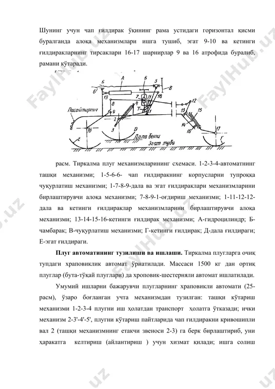 аповик 6 чап ғилдирак гумчагига маҳкамланган. чап ўқ тирсаги 1 нинг пастги учидаги подшипник 8 ичида кривошипли вал 2 эркин ўрнатилган. кривошип (звено 2-3) телескопик шатун (звено 3-4) га шарнирли бирлаштирилган. кривошипли вал 2 га шаклдор диск 7 маҳкамланган, дискка эса тиш 4' ли қўш елкали собачка 3' шарнирли бирлаштирилган. автоматнинг ишга солиш механизми чап ўқнинг вертикал тирсагига ўрнатилган бўлиб, ишга солиш ричаги 9, ташқи ролик 4'' ва унинг диск 7 нинг айлана сиртига сиқиб турувчи пружина 10 дан иборат. автомат қуйидагича ишлайди. ички пуржина 5 собачканинг пўлат тиши 4'' ни храповик 6 нинг тишига илинтиришга интилади. собачкани иккала елкаси диск 7 нинг айлана сиртидаги чуқурчалар қаршисида жойлашган. ролик дискнинг чуқурчасига тушганда пружина 5 нинг кучини енгиб, собачканинг бошқа елкасини кўтаради, тишини эса храповикдан ажратади, дала ғилдираги 11 дискдан ажралиб вал 2 да эркин айлана бошлайди, яъни автомат ишлайди. плугни автомат ёрдамида кўтариш учун ричак 9 ни арқон билан тортиб …