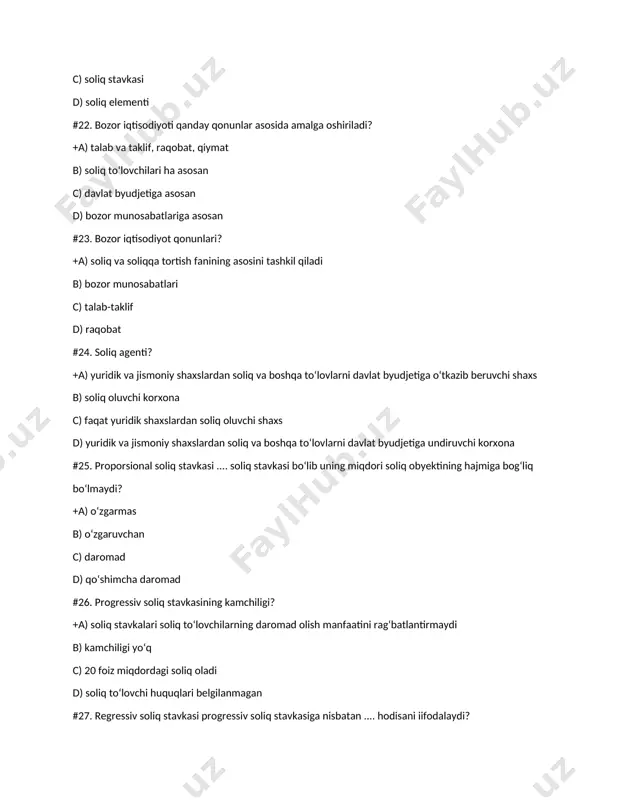 oflilik b) beg’arazlik c) tenglilik d) to’g’ri javob yo’q #36. bozor iqtisodiyoti qaysi qonunlar orqali amalga oshiriladi? +a) talab va taklif, raqobat va qiymat b) soliq va sug’urta qonuniyatlari c) minataqaviy iqtisodiyot d) maxsulot qiymati qonuniyatlari #37. soliqqa oid barcha munosabatlarni qamrab oladigan tizim bu ? +a) soliq tizimi b) sug’urta tizimi c) bozor iqtisodiyoti tizimi d) barcha javoblar to’g’ri #38. soliqni tortish tizimi qaysi munosabatlarni o’z ichiga oladi? +a) soliqlarni undirish buyicha munosabatlarni b) soliqlarni tashkil etish buyicha munosabatlarini c) soliqlarni nazorat qilish munosablatlarini d) barcha javoblar to’g’ri #39. soliq elementlari qatorini ko’rsating +a) soliq sub’yekti, soliq obyekti, soliq predmeti b) soliq tamoyillari c) soliq kategoriyalari d) to’g’ri javob yo’q #40. soliq subyekti nima? +a) soliq to’lash majburiyati yuklagan yuridik va jismoniy shaxslar b) soliqqa tortiladigan bino c) soliqqa tortiladigan foyda va daromad d) barcha javoblar to’g’ri #41. soliq to’lovchilar bular kimlar? +a) yuridik va jismoniy shaxslar b) norezidentlar …