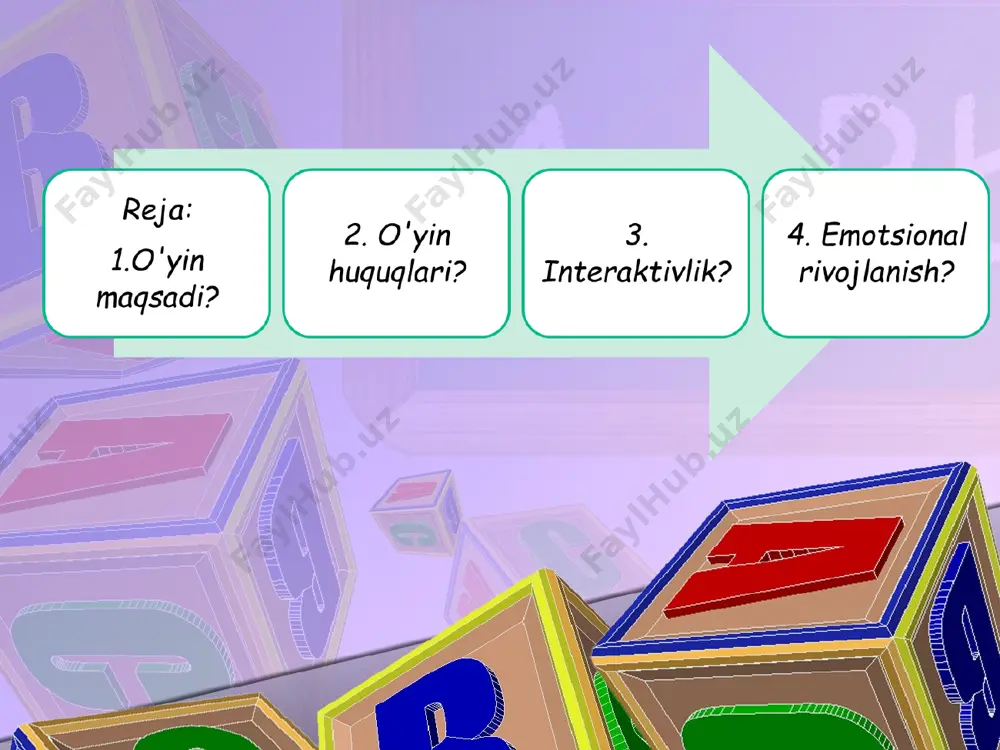 hayotiy faoliyati davomida shakllantiriladi. iu maqsad: o’quvchilarni ujodiy qobiliyatini shakllantirish vazifalar: fikrash xususiyatlarini rivojlantirish, nazariy va amaliy tafakkur komponentlarini rivojlantirish tamoyillari: ta’limni texnalogiyalashtirish, ta’limni indiviudallashtirish. ta’limiy o’yinlar orqalii ijodiy qobiliyatini rivojlantirish ijodiy qobiliyatning darajasiни аниқлаш:o’rtacha, o’rtachadan yuqori, yuqori didaktik va metodik materiallar tanlah: testlar, kartochkalar, topshiriqlar varaqasi, qo’llash bo’yicha ko’rsatmalar. o‘qituvchining vazifalarini belgilash o’quvchilar vazifalarini belgilash ta’limni tashkillashtirish natijani aniqlash, kamchiliklarni korreksiyalash, g‘oliblarni rag‘batlantirish kutilayotgan natija ta’lim maqsadi asosida vazifalarni belgilash o’quvchilarning ijodiy qobilyatini shakllantirish modeli. o‘yinlar asosida loyihalash qobiliyatli o’quvchilar o’qituvchilar metodistlar ota-onalar * bilim olish va o’yin faoliyatini uyg’unlashtirish o’yinda ishtirok etuvchilar o’quvchilar faoliyati didaktik maqsadiga ko’ra ishbilarmonlar o’yini ijodiy o’yinlar konferensiya bilimlarning mustahkamligi o’quv materiallini takrorlovchi o’yinlar o’yin mashqlar syujetli o’yinlar individual o’yinlar guruhli o’yinlar ommaviy o’yinlar ta’lim tarbiya beruvchi bilimlarni nazorat qiluvchi o’yinlar zakovatni rivojlantiruvchi o’yinlar bilimlar mustaqil qo’llanadigan o’yinlar o’quvchilarning faolligini o’zlashtirishni talab etadigan didaktik o’yinli darslar * o‘quvchilarda ijodiy qobiliyatni shakllantiruvchi didaktik o‘yinlar tizimi …