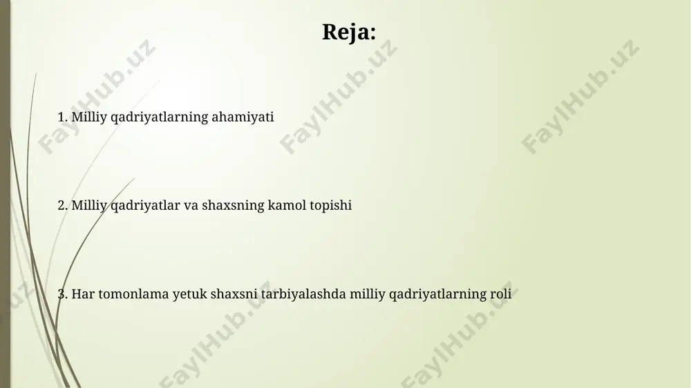an, o'zbek xalqining 5000 yillik tarixidan kelib chiqqan hurmat, mehr-oqibat va adolat kabi tushunchalarni o'z ichiga oladi va shaxsning axloqiy-ma'naviy kamol topishiga hissa qo'shadi. o'zbekiston respublikasining konstitutsiyasi 12-moddasida inson huquqlari va erkinliklarini himoya qilish milliy qadriyatlarning asosiy tamoyillaridan biri sifatida belgilangan, bu esa 21-asrda ham ahamiyatini yo'qotmaydi. hurmat va bag'rikenglik bag'rikenglik va hurmat, o'zbekiston respublikasining 1992-yildagi konstitutsiyasining 18-moddasida aks ettirilgan inson huquqlari va erkinliklarining asosiy tamoyillaridan biridir. hurmat va bag'rikenglik, o'zbekistonning 5 ta asosiy qadriyatidan biri sifatida, 2017-yildan beri milliy tarbiya tizimida muhim o'rin egallaydi va samarqanddagi maktablarda amaliy qo'llaniladi. oiladagi milliy qadriyatlar roli o'zbekistonning 5 ta asosiy milliy qadriyatlarini – mehr-oqibat, adolat, jasorat, bilim va mehnatsevarlikni oilada singdirish, bolaning shaxsiy rivojlanishiga va jamiyatga ijobiy ta'sir ko'rsatadi, 2018 yildagi ma'lumotlarga ko'ra. oiladagi milliy qadriyatlar, masalan, hurmat va mehr-oqibat, bolaning ijtimoiy moslashuvchanligini 30% ga oshiradi, natijada toshkentdagi 2022 yilgi tadqiqotlar shuni ko'rsatdiki, ularning o'ziga bo'lgan ishonchi kuchayadi. vatanga muhabbat va mas'uliyat …