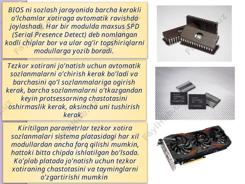 6 dan 320 мhz gacha). undan keyin operatsion sistemani ishga tushib ko’rishga urinish mumkin va uni ishlash jarayonini tekshirib ko’rish kerak. o’rnatish parametri cpu fsb clock, cpu overclock in mhz nomlari bilan yoki boshqacha nomlar bilan nomlanishi mumkin. tezkor xotiraning ishlash chastotasini kamaytiring. plata modeliga qarab bu ishni ikki xil usulda bajarish mumkin. bajarilgan ishlardan keyin esa kiritish protsedurasini kiritish mumkin. 2010-yilga kelib intel core 2 protsessori eng omma bob protsessorlardan biri bo’lgan, ammo bu vaqtga kelib amd firmasi juda ham raqobat bardosh mikroprotsessorlar ishlab chiqara boshlagandi va shu bilan birga ancha past baholarda sotib hammani o’ziga jalb qilgandi. intel core i3/5/7 protsessorini ishlatish minimal koeffitsientini tezkor xotira uchun system memory multiplier va analogli kuchaytirgichni o’rnating. ko’plab platalarda minimal kuchaytirgich imkonyatlari 6 ga teng va shunga muvofiq u 800 мhz chastotali shtatli rejimga ega. asus platasi uchun bu maqsadlarda dram frequency parametri ishlatiladi va unga ddr3-800 mhz ni o’rnatish kerak …