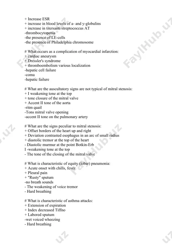 e blood levels of immunoglobulin e -clear connection with bronchopulmonary infection - it increases the blood levels of immunoglobulin a - development of an attack after hypothermia # what state can occur as a complication of asthma: + emphysema + respiratory failure obstructive type + asthmatic status -tela - respiratory failure restrictive type - left ventricle acute failure # what are the symptoms characteristic of the aortic valve: + long asymptomatic + angina + pale skin - early development of heart failure -. hemoptysis - shift up and left borders # what is true of pulmonary syndrome seals: + develops in patients with pneumonia + voice trembling bronhofoniya strengthened + percussion will give quiet, and a short high-pitched sound - voice trembling, weakened bronhofoniya - x-ray examination - the presence of cavities - unvoiced crackles # what kind of conditions can complicate the course of infective endocarditis: + myocardial spleen …