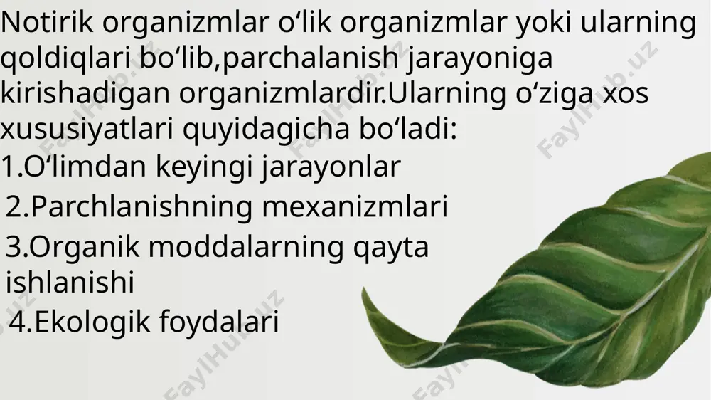 i parchalanishning ekologik ahamiyati – bu jarayon tabiiy ekosistemalar uchun zarur bo'lib, moddalar aylanishi, oziqa zanjiri va biogeokimyoviy jarayonlar uchun muhim rol o'ynaydi. o'lik organizmlar va ularning qoldiqlari parchalanishi orqali atrof-muhitda yangi resurslar va mineral moddalar yaratiladi, bu esa o'simliklar va boshqa organizmlarga foydali oziqa moddalarini taqdim etadi. parchalanish ekologik muhitni tartibga solishga, resurslarni qayta ishlashga va biologik xilma-xillikni saqlashga yordam beradi. 1. moddalar aylanishi (nutriyent aylanishi): tavsif: parchalanish jarayoni organik moddalarni minerallar va oziqa moddalariga aylantiradi. o'lik o'simliklar, hayvonlar va mikroorganizmlarning parchalanishi orqali karbon, azot, fosfor va boshqa elementlar tabiatga qaytadi, bu o'simliklarning o'sishiga va yashashiga zarur bo'lgan moddalar hisoblanadi. 2. oziqa zanjirining uzilishi: tavsif: parchalanish o'lik organizmlarni oziqa zanjirining yangi qismiga aylantiradi. o'lik organizmlar va ularning qoldiqlari mikroorganizmlar (bakteriyalar, zamburug'lar) tomonidan parchalanib, oziqa zanjirining boshqa bo'laklariga — oziq-ovqatni o'zlashtiradigan organizmlarga (masalan, ayrim hasharotlar, qurtlar, qirquvchilar) aylantiriladi. 3. tuproqning unumdorligini oshirish: tavsif: o'lik o'simlik va hayvon qoldiqlari parchalanib, tuproqda …