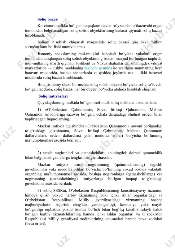 oydan e’tiboran yigirma tо‘rt oy ichida qurilishi tugallanmagan obyektlar kiradi; 4) kо‘p kvartirali uylarga uzviy bog‘liq bо‘lgan avtomashina turar joylari, shuningdek boshqa imoratlar, binolar va inshootlar. soliq bazasi kо‘chmas mulkka bо‘lgan huquqlarni davlat rо‘yxatidan о‘tkazuvchi organ tomonidan belgilanadigan soliq solish obyektlarining kadastr qiymati soliq bazasi hisoblanadi. soliqni hisoblab chiqarish maqsadida soliq bazasi qirq ikki million sо‘mdan kam bо‘lishi mumkin emas. jismoniy shaxslarning mol-mulkini baholash bо‘yicha vakolatli organ tomonidan aniqlangan soliq solish obyektining bahosi mavjud bо‘lmagan taqdirda, mol-mulkning shartli qiymati toshkent va nukus shaharlarida, shuningdek viloyat markazlarida — ushbu moddaning ikkinchi qismida kо‘rsatilgan summaning besh baravari miqdorida, boshqa shaharlarda va qishloq joylarda esa — ikki baravari miqdorida soliq bazasi hisoblanadi. bitta jismoniy shaxs bir nechta soliq solish obyekti bо‘yicha soliq tо‘lovchi bо‘lgan taqdirda, soliq bazasi har bir obyekt bо‘yicha alohida hisoblab chiqiladi. soliq imtiyozlari quyidagilarning mulkida bо‘lgan mol-mulk soliq solishdan ozod etiladi: 1) «о‘zbekiston qahramoni», sovet ittifoqi qahramoni, mehnat qahramoni unvonlariga …