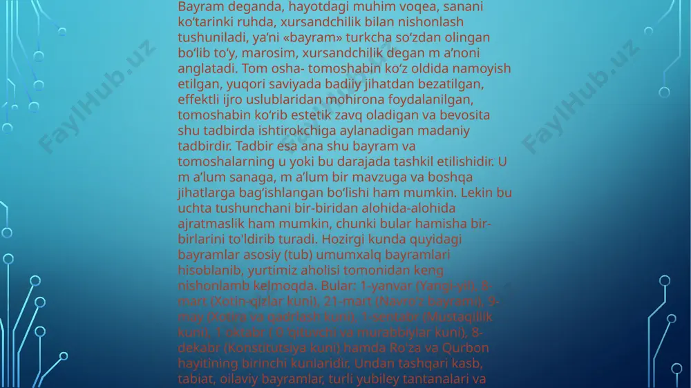 , tadbimi faqat bitta mavzu atrofida yuritish kerak desak, tomoshabin, tinglovchini zeriktirib qo‘yishimiz mumkin. asosiy mavzu chizigm saqlanib qolib, uning atrofida turli, rang-barang repertuarlardan foydalanish ham mumkin. shou (ingl. show - namoyish etmoq, ruscha - pokaz, predstavleniye) - ko'ngil ochar xarakteriga ega bo'lgan tadbirlardan hisoblatidi shou-dasturlar tashkillashtirish xususiyatiga ega bo'lib, insonlarni yig'ib ularni ko'ngilochar dasturlar, turli qiziqarli chiqishlar, kuy-qo'shiq, raqslar, har xil o'yinlar asnosida o'tkazish mumkin. shou-dasturlar uchun maxsus ssenariylar yozilib, repititsiyalar tashkil qilinadi. tadbirlarning bunday turi ko pincha televideniyeda namoyish etiladi. chet ellarda tashkil etiladigan shou-dasturlarining asosiy maqsadi ko'proq mablag' topishga qaratilgan. m ablag'ni qoplash uchun esa ular pulni ayamay sarf qiladilar va yaxshi natijalarga 63 erishadilar ham. tomoshabinni jalb qilish uchun maxsus kishilar shug'ullanadilar. 0 ‘zbekistonda tashkil etiladigan shou-dasturlar o‘zining m a’naviyatga boy, milliy qadriyatlar ufurib turganlik darajasida tashkil etilishi bilan ajralib turadi. masalan. «tmkon shou», «navoshou», o'zining aktyorlik layoqatini namoyish qiluvchi dasturlardan «obraz shou» va h.k., turli …