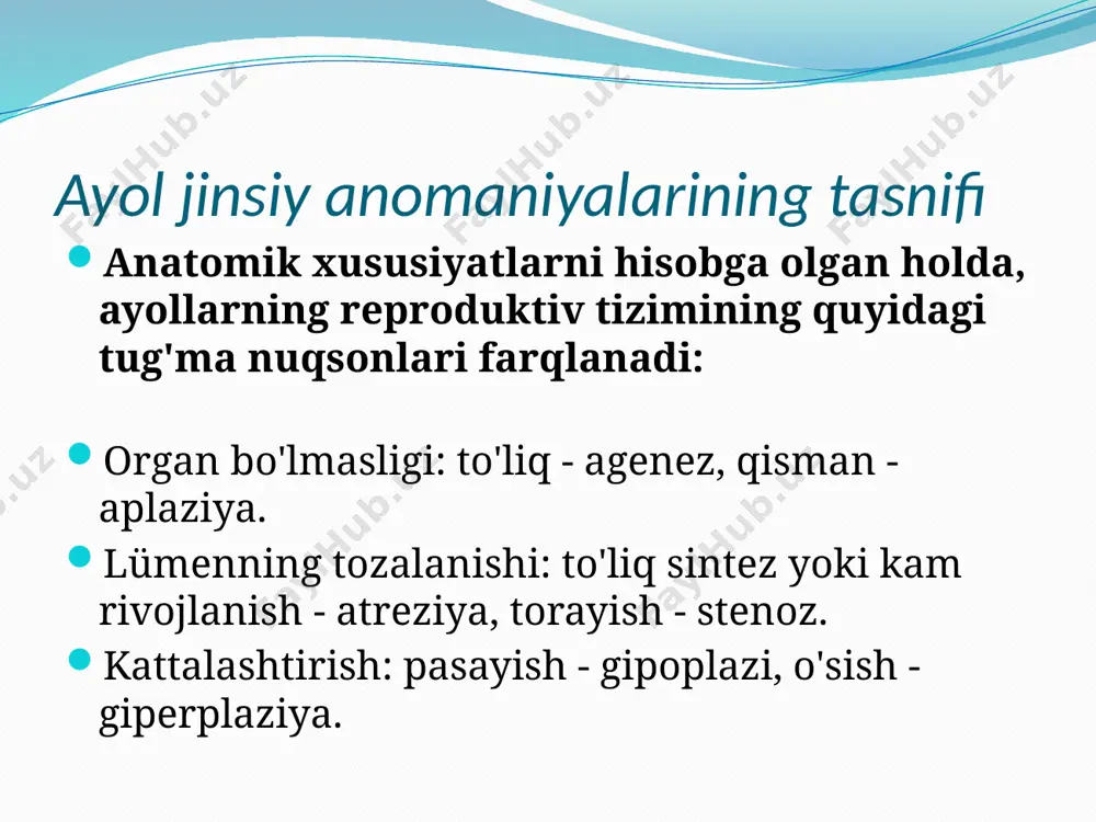 yli yuzaga keladi. menarxning boshlanishi , qoni chiqqandan keyin va vaginada to'planib qolsa , tashxis qilinadi . kramplarni og'riqlar bilan birga olib borish. qachon qo'shni organlar og'riq siqish doimiy bo'lib qoladi. ayol genital organlarining bu anomaliyasibilan og'rigan bemorlarning tashqi tekshiruvi vaqtida qichima protrusioni aniqlandi. gimnazning rangi qorong'u, qorong'ilik tusli, qonning shaffofligi tufayli bo'ladi. davolash - gimnning diseksiyasi, qonni olib tashlash, rezizatsiyani oldini olish uchun ajratilgan qirg'oqlarga tikish. vaginal aplaziya ayollar jinsiy organlarining yana bir keng tarqalgan anomalidir. tug'ma nuqsonlari yoki tuxumdonlar, bachadon va kuzguncha naychalari kam rivojlangan bo'lishi mumkin.reproduktiv tizimning boshqa qismlari holatiga qarab, u to'g'ri yoki noto'g'ri (hayz ko'rishda) amenoreya bilan birga bo'ladi. jinsiy organlarning bu anomaliyasini operatsiya qilish - vagina bug'ini,teri qopqog'ini ishlatuvchi plastmassadan, tos shilliq qavatining yoki katta ichakning bir qismi. vagina atreziyasi odatda tug'ilgandan keyin rivojlanadi, lekin prenatal davrda yopishqoq yallig'lanish tufayli yuzaga kelishi mumkin . davolash - aplaziyada bo'lgani kabi. ayol jinsiy organlarining boshqa anomaliyasi …