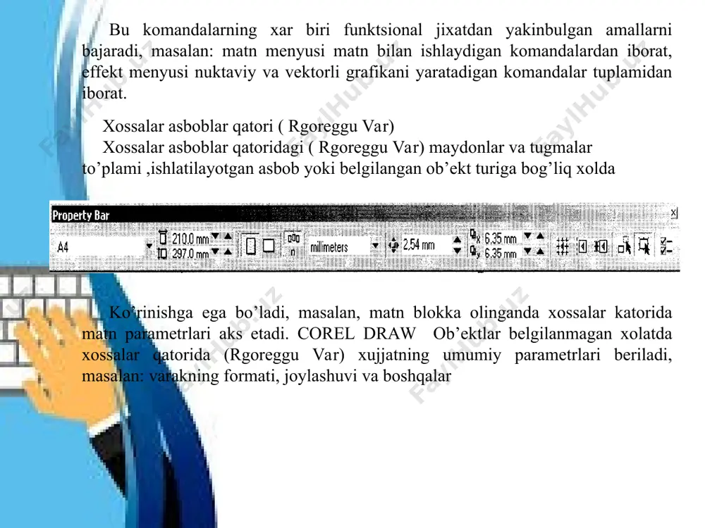 rning shakllari bilan ishlash corel draw dasturi vektorli tasvirlarni yaratishda turli vositalarni qo’llaydi- ingichka chiziqlar,patsimon shtrixlar.sho’nga karamay vektorli grafikaning ish usuli,"ko’lda" chizishdan ancha farq qiladi.shuning uchun vektorli konturni yaratishni va taxrirlashni tasavvur qila olish kerak. shu maqsadda corel draw dasturi geometrik figuralarni yaratish (tugri turtburchak, kupburchak, ellips, spiral) uchun muljalgan asboblarga ega,bundan tashqari "erkin chizish" asboblari (pero, kalligrafik, pero). gradientli setka (mesh fill), vektorli grafikaning asosiy instrumenta bo’lgan bez’e — egri chiziqlari, bez’e asbobi (vezier). vektorli konturlarni tuliq taxrirlash qanday asboblar orqali yaratilganligadan qattiy nazar bir xil usulda bajariladi: forma (share) asbobi yordamida, redaktor maxsus paneli (node edit) tarmog’i orqali yoki uni almashtiruvchi xossalar asboblar qatori (rgoregtu var). кonturlar va tayanch nuqtalar кontur (rath) bu chiziq bo’lib dasturning chizuvchi asboblar orqali yaratiladi va ob’ektning simli strukturasini tashkil qiladi.кeyinchalik kontur obvodka parametrlarini (outine) va ranglarini (fill) taqdim qilishi mumkin va buning natijasida u ko’rinishga ega bo’lib chop etilishi mumkin. agar konturda …