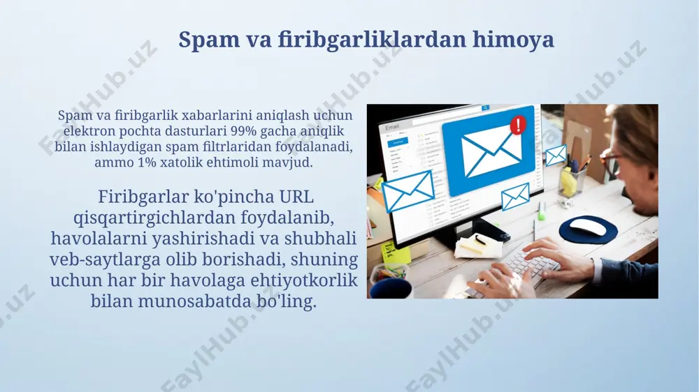 keraksiz xabarlar sonini 70% ga kamaytiradi. xabar yuborilmayotgan bo'lsa, server xatolarini tekshiring, yuboruvchi manzilini tekshiring va smtp server parametrlarini qayta tekshiring. bu muammoning 90% hollarda yechimini beradi. xabarlarni yuborish va qabul qilish elektron pochta xabarlarini qabul qilish tezligi internet tarmog'ining tezligiga va pochta serverining yuklanishiga bog'liq bo'lib, odatda 1-5 soniya ichida amalga oshiriladi. xabarlarni yuborishda, 500 mb dan ortiq fayllarni biriktirish elektron pochta serverlarining ko'plab cheklovlariga duch keltirishi mumkin, shuning uchun katta hajmdagi fayllarni bulut xizmatlari orqali yuborish tavsiya etiladi. elektron pochta bilan ishlashning asosiy tamoyillari har bir elektron pochta xabariga aniq va tushunarli mavzu yozing, bu esa qidiruvni osonlashtiradi va 100 dan ortiq xabar orasidan kerakli xabarni tezda topish imkonini beradi. elektron pochta xabarlarini 3 soat ichida javob berishga harakat qiling, chunki tezkor javob mijozlar bilan ishonchli munosabatlarni shakllantirishda muhim ahamiyatga ega. buning uchun javob berish vaqtini belgilash yoki avtomatik javob berish xizmatidan foydalanish mumkin. elektron pochta imzolarini yaratish …