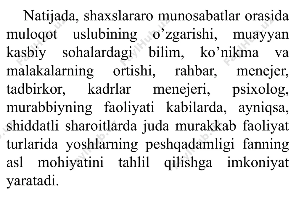 liyati talablariga mos keluvchi ustanovkalar modifikatsiyasi va jamoaning ijtimoiy xulq-atvorini korreksiyalash uchun zarurdir. 12 sotsial psixologik treninglar quyidagicha masalalardan iborat bo’lishi kuzatilinadi 13 1 ma'lum psixologik bilimlarni egallash. treningda qatnahishda o’zini erkin tutish kabi. 2 4 3 o’zini va boshqalarni adekvat baholash va bir-birini to’g’ri va to’liq tushunilishi. shaxsni xaraketer xususiyatlarida uchraydigan nuqsonlarini tuzatish, ularni diagnostika qilish va faoliyat jarayonida salbiy ta’sir etuvchi to’siqlarni bartaraf qilish. shaxlararo munosobatlarning individual usullarini o’rganish va ularni samarali qo’llash. 5 yana shunisi bilan xarakterliki, trening davomida qatnashuvchini undagi xususiyatlarining o’zgarishi tabiiy bo’lishiga qiziqtirish va kerak bo’lsa shaxs xususiyatlarini ijobiy tomonga majburan o’zgartirish orqali ularni shaxs sifatida shakllantirishga imkon beradi. shuni ham ta’kidlash joizki, trening mashg’ulotlari kishilarning muammolarini hal qilmasligi mumkin, balki shu muammolarning asosini tahlil qila olish uchun lozim bo’lgan ko’nikma va malakalarni shakllantirish imkoniyatlarini ham yaratib beradi. 14 demak, trening shaxsda mavjud bo’lgan yoki vujudga kelishi mumkin bo’lgan muammolarni hal qilish uchun zarur …