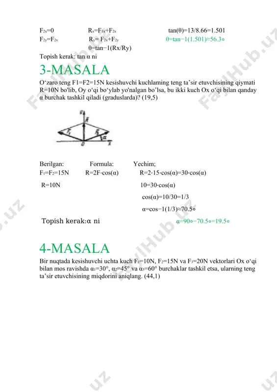 ox o‘qi bilan tashkil qilgan burchaklari mos ravishda =60° va =30° bo‘lsa, f2 kuchning modulini aniqlang. (6,64) berilgan: formula: f1=5n f2= =60° yechish: =30° f2=6.162+0.672= topish kerak: f2 ni. 7-masala qattiq jismning a nuqtasiga qiymatlari f1=6n va f2=3n bo‘lgan ikki kuch ta’sir qiladi. agar bu kuchlar bir tekislikda joylashgan bo‘lib, f2 ox o‘qi bilan =60° burchak tashkil qilgan va bu kuchlar o‘zaro perpendikular bo'lsa, ularning yig‘indisining ox o‘qiga proyeksiyasini toping. (0,402) berilgan: formula: yechish: f1=6n f=2+f2-2fcos f=36+9-2=0.402 f2=3n =60° topish kerak: f ni. 8-masala pressning о nuqtasiga kattaliklari f1=5n va f2=7n ikki kuch ta’sir qiladi. agar ular bir tekislikda joylashgan va vertikal bilan =30°, =45° va burchak tashkil etsa, jismni siquvchi kuchning vertikal tashkil etuvchisining qiymatini aniqlang. (9,28) berilgan: formula: yechish: f1=5n fx =f1cos+f2cos fx=5 f2=7n =30°, =45° topish kerak: fx ni. 9-masala vertikal sim yog‘ochning a nuqtasiga uchta kuch ta’sir etadi: f1=f2=f3=10n. agar bu kuchlar bir tekislikda joylashgan bo‘lib, …