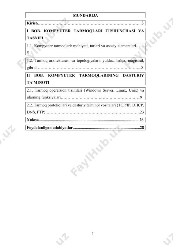 iyot va boshqa sohalarda yangi bosqichga o‘tish belgilangan. bunda kompyuter tarmoqlari va ularning dasturiy ta'minoti muhim vosita sifatida e’tirof etilgan. shuningdek, 2022-yil 5-aprelda qabul qilingan pq–167-sonli qarorda “davlat va xo‘jalik boshqaruvi organlari, tashkilotlar, ta’lim muassasalarida raqamli texnologiyalarni joriy etish” vazifalari aniq belgilab berilgan. bu esa har bir sohada ishonchli, barqaror va xavfsiz kompyuter tarmoqlarini tashkil etishni talab etmoqda. mazkur kurs ishida kompyuter tarmoqlarining asosiy turlari, ularning arxitekturasi va topologiyasi, tarmoqni boshqaruvchi operatsion tizimlar hamda tarmoq dasturiy ta’minotining asosiy protokollari o‘rganiladi. shuningdek, zamonaviy axborot tizimlarining samarali ishlashi uchun qanday texnologiyalar va dasturiy vositalar qo‘llanilishi zarurligi haqida fikr yuritiladi. kurs ishi maqsadi kompyuter tarmoqlari va ularning dasturiy ta’minoti haqida nazariy bilimlarni mustahkamlash, amaliy ko‘nikmalarni shakllantirish va zamonaviy tarmoq texnologiyalarini tahlil qilish. kurs ishi vazifalari · kompyuter tarmoqlarining turlari va ularning tuzilishini o‘rganish; · tarmoq topologiyalari va arxitekturasi haqida tushuncha berish; · tarmoq operatsion tizimlari va ularning imkoniyatlarini ko‘rsatish; · asosiy tarmoq protokollari …