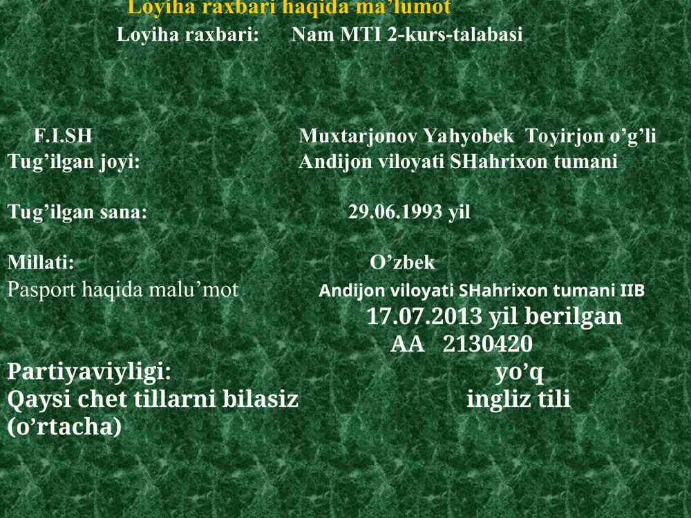ko’rsatkichlar nomi daromat va xarajatlar 1-oyda bir yilda 1 sotishdan tushgan tushum 35 000 000 420 000 000 2 xom ashyo 20 000 000 3 yordamchi materiallar 6 625 000 4 amartizatsiya 134 000 5 kredit qaytarmasi 575 000 7 soliq 5% 1 750 000 9 qo’shimcha harajat 300 000 harajat 1-oydagi 29 384 000 352 608 000 sof foyda: 5 616 000 67 392 000 sonlarni kiriting yig`ma ma`lumotlar kredit summasi 10 000 000,00 qaytariladigan jami mablag` 10 275 000 yillik foiz stavkasi 3,0% umumiy % summasi 275 000 kredit muddati (yil) 1,5 2,5 har oyda qaytariladigan kredit tani 666 667 yil davomida to`lovlar soni 18 xaqiqatda to`lovlar soni 15 imtiyozli davr (oylar soni) 3 mikrokredit berilgan sana 22.03.07 qo`shimcha to`lov (zarur emas) еменова шахноза исламжановна кредитор: muxtarjonov yahyobek toyirjon o'g'li oylar davr boshiga kredit qoldig`i qaytariladigan kredit tani % to`lovlari jami to`lov davr oxiriga kredit qoldig`i 1 10 …