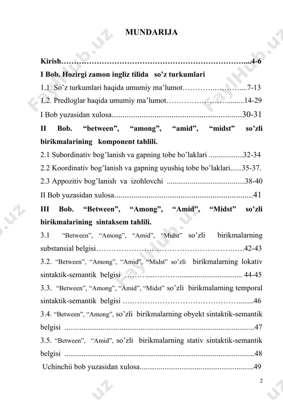 iy adabiyotlar........................................................53-54 foydalanilgan badiiy adabiyotlar va lug’atlar........................................55 ilova.................................................................................................. 56-57 kirish mamlakatimizda ta’lim sohasida olib borilayotgan islohotlar va yuqori malakali intellektual barkamol ablodni tarbiyalashda davlat siyosatining o’rnini va rolini xalqaro jamoatchilikning o’rganishi va tanishishini ta’minlash maqsadida tashkil etilgan ”bilimli va intellektual barkamol avlodni tayyorlash – mamlakatni barqaror rivojlantirish va modernizatsiyalashning eng muhim omili” mavzusidagi xalqaro konferensiyaning ochilishida o’zbekiston respublikasi prezidenti islom karimov so’zlagan nutqlarida ta’kidlaganlaridek, ”...oldimizda turgan eng ezgu maqsadlarimiz -- mamlakatimizning buyuk kelajagi ham, ertangi kunimiz ham, erkin va farovon hayotimiz ham, o’zbekistonning xxi asrda jahon hamjamiyatidan qanday o’rin egallashi ham --- bularning barcha-barchasi, avvalombor, yangi avlod, unib-o’sib kelayotgan farzandlarimiz qanday insonlar bo’lib voyaga yetishiga bog’liqdir” . barkamol avlod tarbiyasi, intellektual salohiyatini yuksaltirish vazifasi so’zsiz, ilmu-fan taraqqiyoti bilan bog’liqdir.bu, albatta, gumanitar fanlarning ajralmas qismi bo’lgan tilshunoslikka ham oiddir. mamlakatimizda keyingi yillarda xorijiy tillar, ayniqsa, ingliz tilining tizimi, muloqot qoidalarini ilmiy va amaliy tadqiq qilish masalasiga alohida e’tibor qaratilmoqda. zotan, zamonaviy …