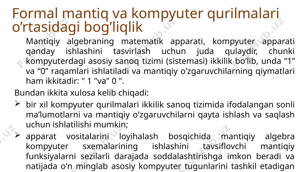 ifodalanishi mumkinligi sababli, ma'lumotni qayta ishlaydigan yoki saqlaydigan har qanday kompyuter qurilmalari, “gi’shtchalar" singari asosiy mantiqiy elementlardan yig'ilishi mumkin. kompyuterning mantiqiy elementlari elektr impulsi bo'lgan signallar bilan ishlaydi. impuls bor - signalning mantiqiy ma'nosi - 1, impuls yo'q - 0. argumentlarning signal-qiymatlari mantiqiy elementning kirish joylariga etib boradi, chiqishda funksiya signal-qiymati paydo bo'ladi. signalning mantiqiy elementga aylanishi holat jadvali bilan belgilanadi, bu aslida mantiqiy funksiyaga mos keladigan chinlik jadvali bo'lib, faqat mantiqiy sxemalar ko'rinishida taqdim etiladi. bunday shaklda mantiqiy operatsiyalar zanjirlarini namoyish qilish va ularning hisob-kitoblarini bajarish qulay. ushbu sxemalarning kirishiga 0 yoki 1 ga teng bo‘lgan mantiqiy o‘zgaruvchilar beriladi, ularning chiqishida esa, yana o‘sha mantiqiy qiymatlarni qabul qila olishi mumkin bo‘lgan funksiyalarning, ya’ni bul funksiyalarining qiymatlari olinadi. sxemalarda mantiqiy qiymatlar ma’lum bir kattalikdagi kuchlanishlar bilan ifodalanadi. odatda mantiqiy 0-ga 0 dan 1 v-gacha bo‘lgan kuchlanish, mantiqiy 1-ga esa 2 dan 5 v-gacha bo‘lgan kuchlanishlar mos keladi. ttl va esl …