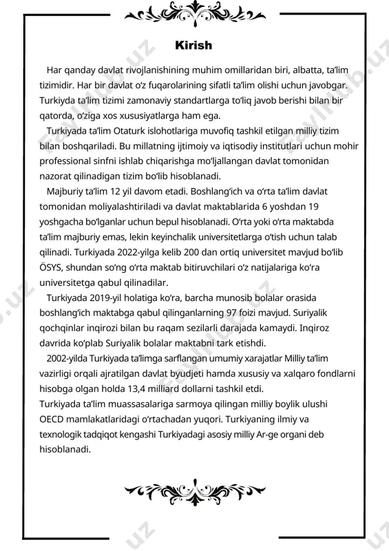 vodxonlik darajasi (1927). 1950-yilga kelib savodxonlik darajasi erkaklar oʻrtasida 48,4% va ayollar oʻrtasida 20,7% gacha koʻtarildi. zamonaviy turkiyada bu koʻrsatkich 98,3% ni tashkil qiladi[9]. 1928-yil 1-noyabrda lotin alifbosiga asoslangan yangi alifboni joriy etish toʻgʻrisidagi 1353-sonli qonun qabul qilindi. turk tilini chet tillar taʼsiridan himoya qilish, ilm-fan taklif qilganidek takomillashtirish va turk tilidan noto‘g‘ri foydalanishning oldini olish maqsadida 1931-yilda turk tarix jamiyati, 1932-yilda turk tili jamiyati tashkil etildi. respublikachi turkiya hukumati dastlab vazirlik tomonidan tayinlangan kishilar tomonidan boshqariladigan oʻn ikkita taʼlim okrugiga ega boʻlgan, biroq keyinchalik mahalliy hokimiyatlarga koʻproq vakolatlar bergan, taʼlim boʻyicha direktorlar esa viloyat hokimiyatlari tomonidan tayinlangan. 1923-yilda 5100 ta maktab boʻlsa, 2001-yilda bu koʻrsatkich 58,8 mingtaga koʻtarildi. 1923-yilda 361,5 ming talaba boʻlgan boʻlsa, 2001-yilda bu raqam 16 millionga koʻtarildi. 1923-yilda 12200 nafar oʻqituvchi ishlagan boʻlsa, 2001-yilda bu raqam 578800 nafarga yetdi. 1924-yilda 479 ta madrasa (islom maktablari); ularning har birida oʻrtacha 1 yoki 1,5 hoca (oʻqituvchi) boʻlgan. oʻsha …