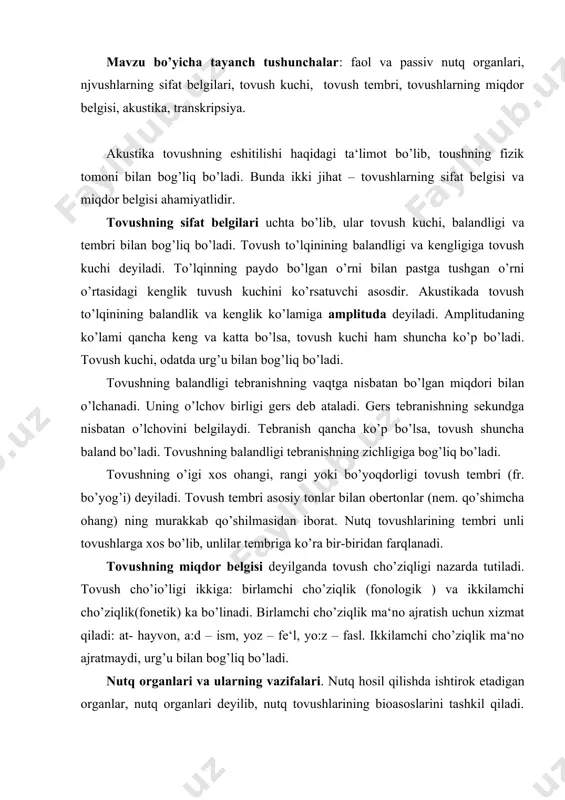 nutq organlari va ularning vazifalari. nutq hosil qilishda ishtirok etadigan organlar, nutq organlari deyilib, nutq tovushlarining bioasoslarini tashkil qiladi. nutq organlari holati va harakatiga qarab faol va passiv nutq organlariga bo’linadi. tovush paychalari, kichik til, til, lab, pastki jag’lar faol nutq organlaridir. ko’krak qafasi, kekirdak, yuqori jag’, qattiq tanglay, burun, tish passiv nutq organlari hisoblanadi. transkripsiya. transkripsiya keng ma‘noda geografik, tarixiy va boshqa nomlarning ma‘lum bir qoida asosida berilishini, tor ma‘noda ma‘lum til va uning shevalariga oid so’zlarini yoki chet tiliga oid so’zlarni talaffuziga ko’ra aynan yozib olishni anglatadi. nutq tovushlarini aniq ifodalash uchun ishlatiladigan yozuvga transkripsiya deyiladi. transkripsiyada transkripsion belgilar qo’llanib, ular bilan birga diakritik (asosiy belgiga qo’shimcha belgi) lar ham ishlatiladi. o’zbek tilida quyidagi transkripsion belgilar ajratilgan: а – til orqa, lablashmagan, keng unli, qipchoq lahjasida o ga teng keladi: ata, bala, bash ао - til orqa, lablashmagan, keng unli, ad tildagi o tovushiga teng keladi: bar, lala. …