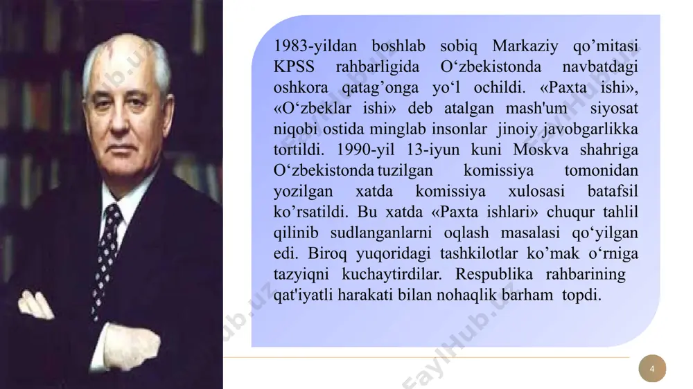 an'analari va tarixi tiklandi. o`zbekistonning eng yangi tarixi 7 14 o‘zbekistonning o‘ziga xos taraqqiyot yo‘li история узбекистана prezidentning «o‘zbekistonning o‘z istiqlol va taraqqiyot yo‘li» nomli asarida o‘zbekiston istiqlolining ham nazariy, ham amaliy muammolari ilmiy jihatdan o‘rganilib, jamiyat siyosiy rivojining, iqtisodiy taraqqiyotining, ma’naviy poklanishining asosiy yo‘l-yo‘riqlari yangicha mushohada va yondashuv bilan ko‘rsatib berdi. u o‘zining «o‘zbekistonning o‘z istiqlol va taraqqiyot yo‘li» asarida yangilangan jamiyatda yashovchi kishining siyosiy, iqtisodiy, ijtimoiy turmush tarzini kafolatlovchi yo‘llarni ko‘rsatdi. o`zbek modeli dasturi ishlab chiqildi o‘zbekistonda yangi davlat va jamiyat qurishning besh tamoyili 15 15 история узбекистана birinchi ikkinchi uchinchi iqtisodiyotning mafkuradan xoliligi va uning siyosatdan ustunligi. boshqacha aytganda, avval iqtisod, keyin siyosat davlatning o‘zi eski tuzumdan yangi tuzumga o‘tish davrida bosh islohotchi bo‘lishi, ya’ni uning mamlakatni davlatchilik, ijtimoiy va iqtisodiy sohalarda yangilashga qaratilgan islohotlarning tashabbuskori bo‘lish vazifasini o‘z zimmasiga olishi qonun ustuvorligi yoki barcha fuqarolarning qonun oldida tengligi 16 kuchli ijtimoiy siyosatni amalga oshirish, davlatning aholini …