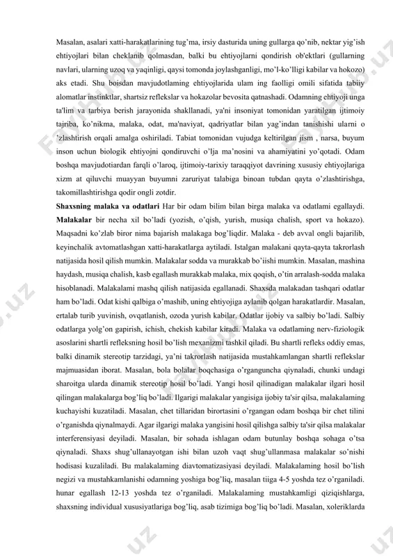ilimlari o’zlashtirishdan iborat bo’lib, uning samarasi qo’z g’atuvchini uzluksiz ravishda mustahkamlab borilishining mahsulidir. bu nazariyaning tarafdorlari e.torndayk va b.skinnerlar hisoblanadi. k.levin tomonidan tavsiya qilingan "fazoviy zarurat maydoni” nazariyasi psixologiya fani uchun (o’z davrida) muhim ahamiyatni kasb etadi. k.levinning nazariyasiga ko’ra, individning xulqi (xatti-harakati) psixologik kuch vazifasini o ’tovchi ishtiyoq (intilish) maqsadlar bilan boshqarilib turiladi, va ular fazoviy zarurat m aydonining ko’lami va tayanch nuqtasiga yo’naltirilgan bo’ladi. psixogenetik nazariya biogenetik, sosiogenetik omillarning qiymatini kamsitmaydi, balki psixik jarayonlar taraqqiyotini birinchi darajali ahamiyatga ega, deb hisoblaydi. ushbu yondashuvni uchta mustaqil yo’nalishga ajratib tahlil qilish mumkin, chunki ularning har biri o ’z mohiyati, mahsuli va jarayon sifatida kechishi bilan o’zaro tafovutlanadi. psixologiyaning irrasional (aqliy bilish jarayonlaridan tashqari) tarkibiy qismlari bo’iishi em osiya, mayl va shu kabilar yordamida shaxs xulqini tahlil qiluvchi nazariya psixodinamika deyiladi. mazkur nazariyaning yirik namoyondalaridan biri amerikalik psixolog e .eriksondir. u shaxs rivojini 8ta davrga ajratadi va ularning bar qaysisi o’ziga …