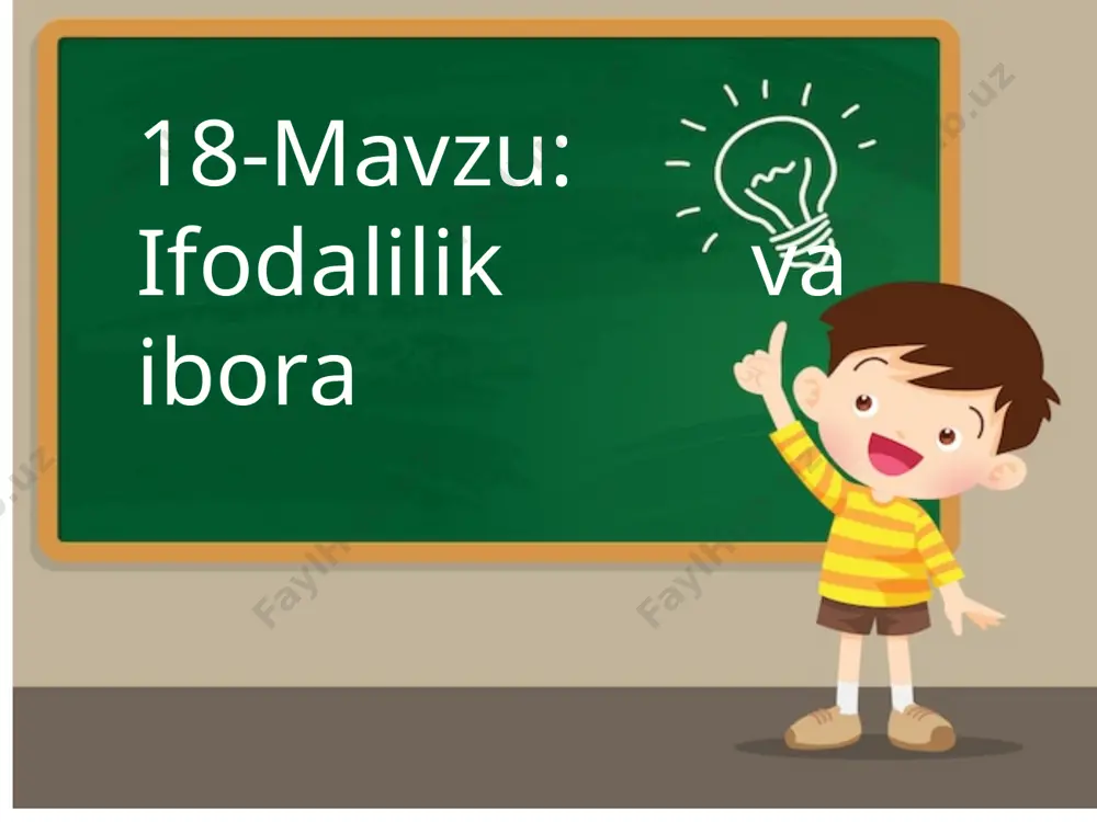 nega, nega... xursand bo’ldim... xursand bo’ldingizmi? rostdan-a? boshim osmonga yetdi. (cho’lpon) 86-mashq. matndagi iboralarning ma’nolarini izohlang, ulardagi to’g’ri ma’nolar asosida yaratilgan kulgining mohiyatini tushuntiring. . 87-mashq. ignaday narsani tuyaday qilmoq – bo’rttirmoq; igna ustida o’tirmoq – bezovta bo’lmoq, qo’y og’zidan cho’p olmagan – mo’min, yuvosh; tegganga tegib, tegmaganga kesak otadigan – tegajoq, xira juftliklaridagi iboralarning ifodalilik darajasi haqida fikrlashing 88-mashq. berilgan parchadagi iboralarni toping. ularning matn ifodalili gini ta’minlashdagi ishtirokini izohlang. 89-mashq. berilgan she’rdagi iboraning badiiy qimmatini baholashga harakat qiling. kapalakning kapalagi qarang, qarang yetvoldi deb, gulga qo’ngan yuraklarim urib ketdi... kapalakka, bu holatdan qachon ko’rsam, kapalak ham uchib yurar cho’chib ketdi, o’zi yakka. kapalakning bir yomon qush kapalagi uni birdan uchib ketdi. . iboralar ifodalaydigan ma’nolar so’z ma’nolaridan qanday farq qiladi? iboralarning obrazliligi haqidagi fikrlaringizni bayon qiling. nutq ifodaliligini ta’minlashda iboralarning ishtirokini misollar aso sida tushuntiring. ijodkorning iboralarni qo’llashdagi mahorati haqida gapiring 90-mashq. o’zingiz o’qiyotgan badiiy asardan o’nta frazeo …