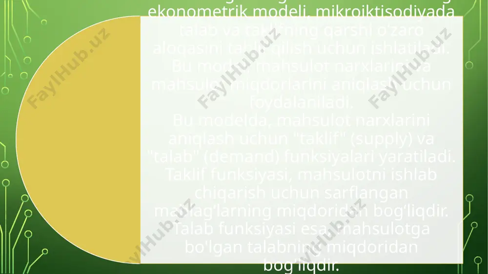 va taklif funksiyalari yaratish uchun odatda, tijorat statistikasi, ishlab chiqarish statistikasi, iste'mol sotsiologiyasi va boshqa iqtisodiy ma'lumotlardan foydalaniladi. modellashda, iste'molning mahsulotga bo'lgan talab va taklifi, mahsulotning narxi va miqdori, siyosatning o'zgarishi va boshqa o'zgaruvchilar hisobga olina oladi. modellashda, talab va taklif funksiyalarining o'zgaruvchilari, istalgan mahsulot uchun o'ziga xoslikka ega bo'ladigan xususiyatlarga ega bo'lgan ma'lumotlardan tashkil topadi. bu ma'lumotlar, istalgan mahsulot uchun o'rtacha daromad, istalgan mahsulotning narxi, ishlab chiqarish uchun sarflangan mablag'larning miqdori, istalgan mahsulot uchun reklama kiritilgan mablag'lar, iqtisodiy va ijtimoiy tashkilotlar tomonidan qabul qilingan siyosatlar va boshqa muhim o'zgaruvchilarni o'z ichiga oladi. ekonometrik modellarni sinash va validatsiyasi, modellarning aniqlangan nihoyatdagi qiymatlari bilan joriy qiymatlarning solishtirilishi yordamida, modellarning samaradorligi va aniqligini baholash uchun kerakli jarayonlardandir. modellarni sinash va validatsiya, modellarning aniqlangan nihoyatdagi qiymatlari bilan joriy qiymatlarning solishtirilishi yordamida, modellarning samaradorligi va aniqligini baholash uchun kerakli jarayonlardandir. ekonometrik modellash, iste'molni o'zgartirish, mahsulot narxlari va miqdorlarini, siyosatni shakllantirish va boshqa jarayonlarni tahlil …