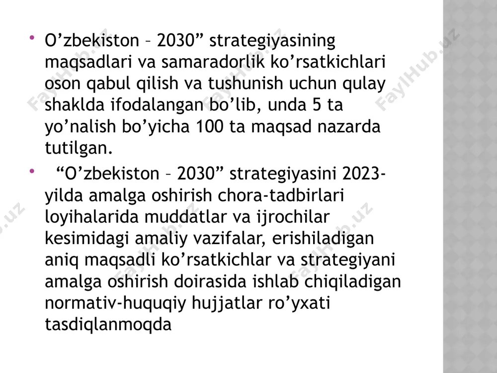 qatoridan oʻrin olish; 3) aholi uchun qulay ekologik sharoitlarni yaratish; 4) xalq xizmatidagi adolatli va zamonaviy davlatni barpo etish; 5) mamlakatning suvereniteti va xavfsizligini kafolatli taʼminlash. mazkur gʻoyalarni amalda roʻyobga chiqarish maqsadida 5 ta ustuvor yoʻnalish, ular doirasida 12 ta kichik yoʻnalish hamda 100 ta maqsadni oʻz ichiga olgan birinchi ustuvor yoʻnalishda aksariyat maqsadli koʻrsatkichlar taʼlim qamrovini oshirish, ilm-fan va taʼlim infratuzilmasini takomillashtirish bilan bogʻliq. ikkinchi ustuvor yoʻnalish. mazkur yoʻnalishdagi ayrim masalalar ham aniqlashtirish, xususan amalga oshirish mexanizmlarini batafsil bayon etish lozim. uchinchi ustuvor yoʻnalish suv resurslarini tejash va atrof muhitni muhofaza qilishga bagʻishlanib, unda 2 ta kichik yoʻnalish va 12 ta maqsad nazarda tutilgan. mazkur yoʻnalishda suv resurslarini tejash hamda atrof muhitni muhofaz toʻrttinchi ustuvor yoʻnalish a qilish boʻyicha islohotlar belgilangan. mazkur ustuvor yoʻnalish xalq xizmatidagi davlat tashkil etish va jamoatchilik boshqaruvini takomillashtirish hamda qonun ustuvorligini taʼminlash va sud-huquq tizimidagi islohotlarga bagʻishlangan beshinchi ustuvor yoʻnalish. mamlakatni xavfsiz va tinchliksevar …