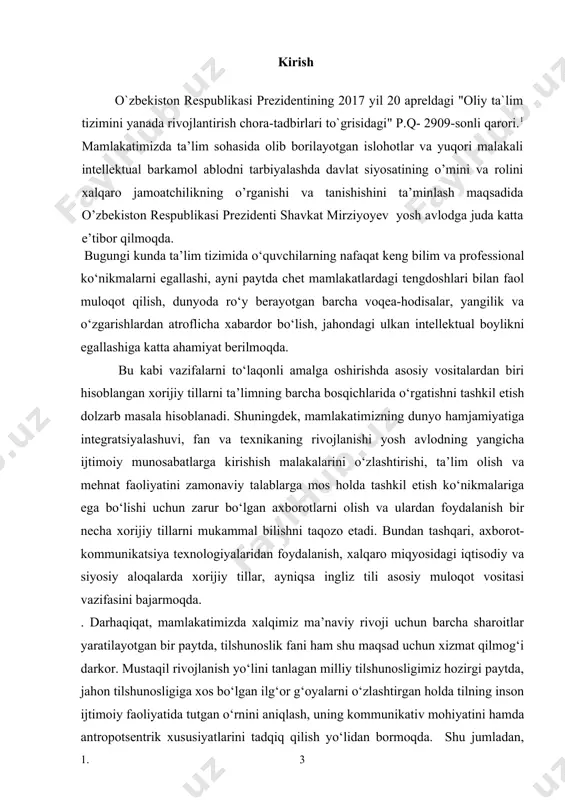 yatlarining uning nutqiy akt muhitida voqelanadigan mazmun doirasidagi o‘rnini belgilashga va nihoyat, ushbu gaplarning kommunikatsiya jarayonida bajaradigan vazifalari ko‘lamini chegaralashga imkon yaratadi. tadqiqotning o‘rganish darajasi. til tizimining turli sathlariga oid birliklarning nutqiy muloqot muhitlarida faollashuvini o‘rganish formal , semantik-struktur ko‘rsatkichlar munosabati , o‘zaro bog‘liqligi tadqiqini taqoza etadi. formal-sintaktik tadqiqning predmeti gap tuzilishi bo‘lsa, sitaktik semantika asosiy e’tiborni gapda ifodalanayotgan ma’noning tarkib topishi va ushbu ma’noning voqelikdagi predmet- hodisalar bilan munosabatini aniqlashga qaratadi. gap kommunikativ turlari doirasida so‘roq gaplar o‘ziga xos formal – sintaktik tuzilishi va semantik xususiyatlari bilan alohida hududni egallaydilar. so‘roq gaplarining asosiy qismi ma’lum ko‘rinishdagi struktur modellar negizida erkin tarkibda topadigan tuzilmalardir. tadqiqotning maqsadi. malakaviy bitiruv ishning asosiy maqsadi - so‘roq gaplarning kommunikativ turlarga ajratish, - so‘roq gaplarning semantik-sintaktik xususiyati - so‘roq gaplarning tuzilishi va real muloqot vaziyatlarda qo‘llanilishidagi o‘zaro bog‘liqlik xususiyatlarini o‘rganishdan iborat. tadqiqot vazifalari yuqorida bayon etilgan maqsadga erishishda quyidagi aniq masalalar echimini topishni taqoza etadi: …