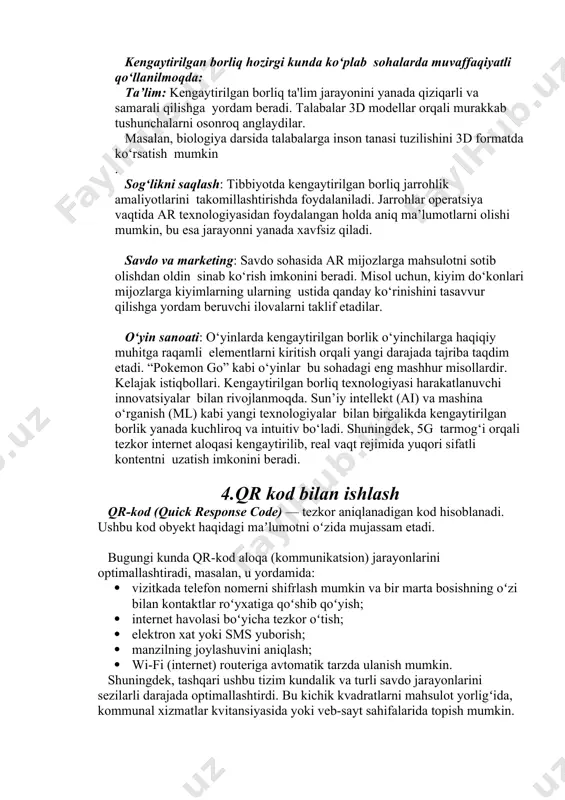 ydi, bu esa foydalanuvchilarga aniq vaziyatda interaktiv tajribalar yaratishga imkon beradi. misol uchun, bu turda foydalanuvchi telefon yoki planshet yordamida atrofidagi muhitni skanerlab, o‘ziga kerakli ma’lumotlarni olish imkoniyatiga ega bo‘ladi. kengaytirilgan borliqning qoʻllanilishi. kengaytirilgan borliq hozirgi kunda ko‘plab sohalarda muvaffaqiyatli qo‘llanilmoqda: ta’lim: kengaytirilgan borliq ta'lim jarayonini yanada qiziqarli va samarali qilishga yordam beradi. talabalar 3d modellar orqali murakkab tushunchalarni osonroq anglaydilar. masalan, biologiya darsida talabalarga inson tanasi tuzilishini 3d formatda ko‘rsatish mumkin . sog‘likni saqlash: tibbiyotda kengaytirilgan borliq jarrohlik amaliyotlarini takomillashtirishda foydalaniladi. jarrohlar operatsiya vaqtida ar texnologiyasidan foydalangan holda aniq ma’lumotlarni olishi mumkin, bu esa jarayonni yanada xavfsiz qiladi. savdo va marketing: savdo sohasida ar mijozlarga mahsulotni sotib olishdan oldin sinab ko‘rish imkonini beradi. misol uchun, kiyim do‘konlari mijozlarga kiyimlarning ularning ustida qanday ko‘rinishini tasavvur qilishga yordam beruvchi ilovalarni taklif etadilar. o‘yin sanoati: o‘yinlarda kengaytirilgan borlik o‘yinchilarga haqiqiy muhitga raqamli elementlarni kiritish orqali yangi darajada tajriba taqdim etadi. “pokemon go” …