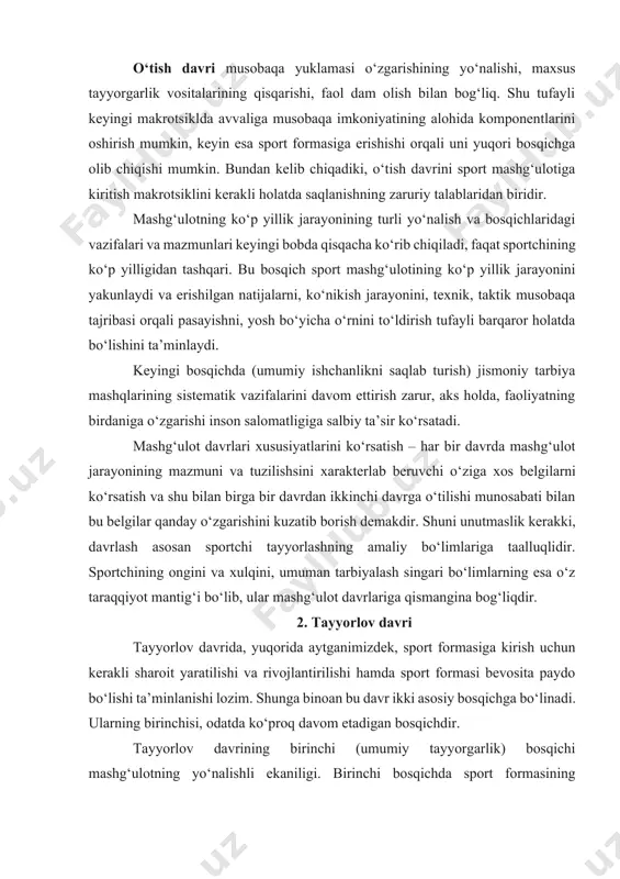sh singari bo‘limlarning esa o‘z taraqqiyot mantig‘i bo‘lib, ular mashg‘ulot davrlariga qismangina bog‘liqdir. 2. tayyorlov davri tayyorlov davrida, yuqorida aytganimizdek, sport formasiga kirish uchun kerakli sharoit yaratilishi va rivojlantirilishi hamda sport formasi bevosita paydo bo‘lishi ta’minlanishi lozim. shunga binoan bu davr ikki asosiy bosqichga bo‘linadi. ularning birinchisi, odatda ko‘proq davom etadigan bosqichdir. tayyorlov davrining birinchi (umumiy tayyorgarlik) bosqichi mashg‘ulotning yo‘nalishli ekaniligi. birinchi bosqichda sport formasining mustahkam poydevorini yaratish kerak. bu vazifa sportchi tayyorgarligining asosiy bo‘limlariga muvofiq quyidagicha aniq hal etiladi. jismoniy tayyorgarlikda birinchi darajali vazifa organizm ning barcha jismoniy хislatlarini har tomonlama rivojlantirish yo‘li bilan uning funksional imkoniyatlari umumiy darajasini ancha yuksaltirishdan iborat. mazkur bosqichdagi jismoniy tayyorgarlik iхtisosni chuqurlashtirishdan ko‘ra ko‘proq tanlangan sport turida yutuqqa erishishga bevosita yoki bilvosita sabab bo‘luvchi funksional imkoniyatlarni yanada kengaytirishga qaratilgandir. bu ning sababi shundaki, sport formasi kelajakda qay darajada bo‘lishi avvalo jismoniy tayyor ekanlikning dastlabki darajasiga, shuningdek, umumiy jismoniy tayyorgarlik maхsus tayyorgarlikka nisbatan asos …