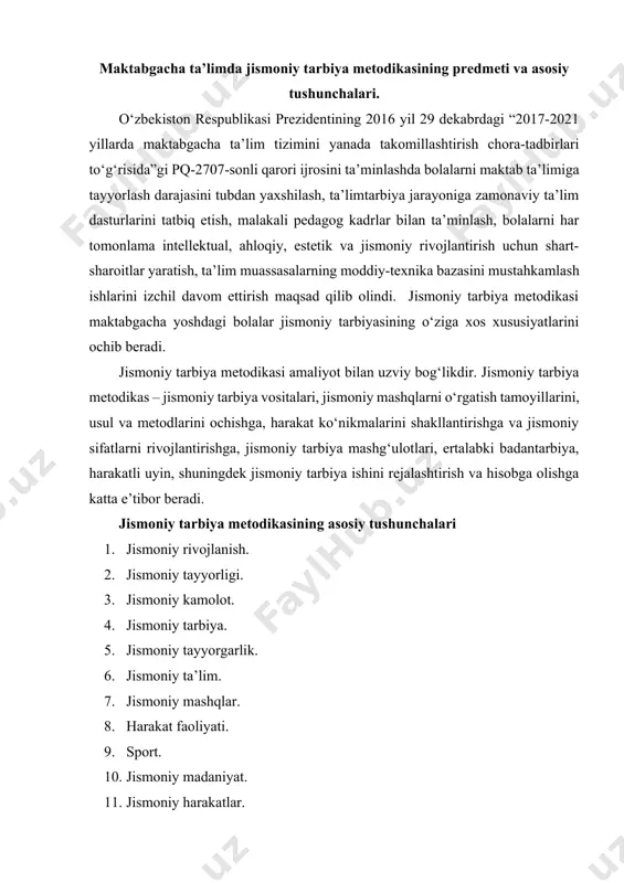 siyalarining o‘zgarish jarayonidir. «jismoniy rivojlanish» iborasi tor ma’noda qo‘llanilganda, u antropometrik va biometrik ko‘rsatkichlarni anglatadi (buy, gavda og‘irligi, ko‘krak qafasi aylanasi, o‘pkalarning tiriklik sig‘imi, qaddiqomatining holati) va boshqalar. «jismoniy rivojlanish» iborasi keng ma’noda qo‘llanganda unga jismoniy sifatlar (tezkorlik, epchillik, egiluvchanlik, muvozanat saqlay olish, ko‘z bilan chamalash, kuch, chidamlilik) ham kiritiladi. jismoniy tayyorligi – bu harakat ko‘nikmalari, malakalari, jismoniy sifatlarning me’yoriy ko‘rsatkichidir. maktabgacha yoshdagi bolalar uchun barcha asosiy jismoniy mashq turlari bo‘yicha me’yoriy ko‘rsatkichlar va ularni bajarish sifatiga qo‘yiladigan talablar ishlab chiqilgan. ular «bolajon» tayanch dasturida ko‘rsatib berilgan. jismoniy kamolot – bu jismoniy rivojlanishning tarixan shakllangan darajasi va sog‘liqning, hayotga, mehnatga va vatan himoyasiga har tamonlama jismoniy tayyorlanganlikning eng yuqori bosqichidir. «jismoniy kamolot» o‘sib boradigan ijtimoiy ehtiyojlar ishlab chiqarish, shuningdek kishilar ehtiyojining o‘sishiga qarab o‘zgarib turadi. jismoniy tarbiya – bu jismoniy kamolotga erishishga yo‘naltirilgan pedagogik jarayondir. jismoniy tarbiya jarayonida aqliy, ahlokiy, estetik va mehnat tarbiyasi amalga oshiriladi. jismoniy tayyorgarlik – bu …