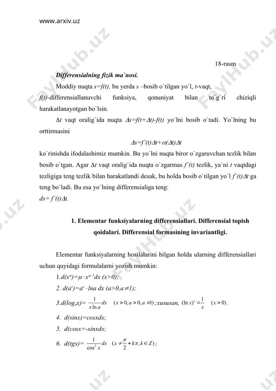 ni hisoblang. yechish. 1) (2.2) formulaga ko`ra 2) differensial formasining invariantlik xossasidan foydalansak, bo`lib, ga ega bo`lamiz. yuqorida ta`kidlaganimizdek, x0 nuqtada differensiallanuvchi y=f(x) funksiya uchun (y(f`(x0)dx, ya`ni (y(dy taqribiy tenglik o`rinli. shu taqribiy tenglik matematik analizning nazariy va tatbiqiy masalalarida muhim ahamiyatga ega bo`lib, differensialning mohiyatini belgilaydi. yuqoridagi tenglikda (y=f(x)-f(x0), (x=x-x0 deb olsak, quyidagi tenglikka ega bo`lamiz: f(x)-f(x0) (f`(x0)( x-x0) yoki f(x) ( f(x0)+f`(x0)( x-x0) (4.1) (4.1) formula funksiya qiymatlarini taqribiy hisoblashda keng qo`llaniladi. masalan, f(x)= funksiya uchun quyidagi (4.2) formula o`rinli. agar f(x)= funksiyaning x=0,98 dagi qiymatini hisoblash talab qilinsa, (4.2) formulada x=1, (x=-0,02 deb olish yetarli. u holda bo`ladi. agar kalkulyatorda hisoblasak, uni 10-6 aniqlikda 0,989949 teng ekanligi ko`rish mumkin. demak, differensial yordamida hisoblaganda xatolik 0,001 dan katta emas. umumiy holda differensial yordamida taqribiy hisoblashlardagi xatolikni baholash masalasini kelgusida o`rganamiz. _1405349656.unknown _1405349665.unknown _1405349669.unknown _1405349671.unknown _1405349673.unknown _1405349674.unknown _1405349675.unknown _1405349672.unknown _1405349670.unknown _1405349667.unknown _1405349668.unknown _1405349666.unknown _1405349661.unknown _1405349663.unknown _1405349664.unknown _1405349662.unknown _1405349658.unknown _1405349659.unknown …