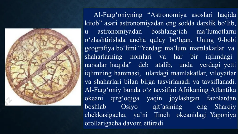 in. 9. o‘zbekiston pochta va telekommunikatsiyalar agentligi “o‘zbek allomalari” turkumida pochta markalari va konvertlar chiqarishni muntazam yo‘lga qo‘ysin va uning birinchisini ahmad al-farg‘oniy tavalludining 1200 yilligiga bag‘ishlasin. 10. ommaviy axborot vositalari ahmad al-farg‘oniy hayoti va ilmiy faoliyatining jahon ilm-fani taraqqiyotidagi o‘rni va ahamiyatini, yubileyga tayyorgarlikning borishini keng yoritsinlar. image2.png image3.png image4.png image5.png image6.jpeg image7.png
