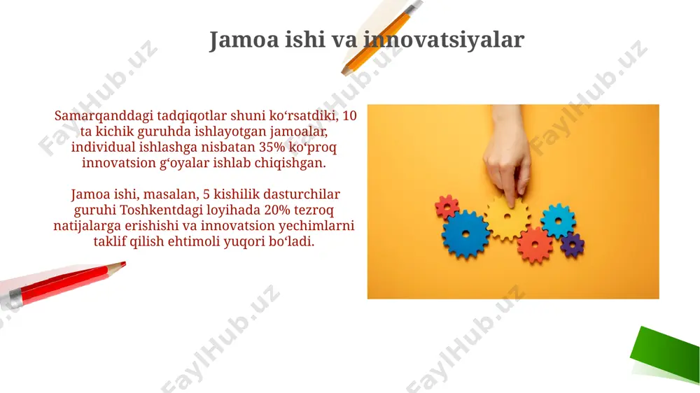 him ahamiyatga ega. liderning samarali boshqaruv uslubi va 7 ta asosiy ko'nikmalarga ega bo'lishi andijondagi 10 ta kompaniya rahbarlarining so'rovi natijalariga ko'ra jamoaviy ish unumdorligini 30% ga oshirishi mumkin. jamoada samarali muloqot samarali jamoa muloqoti natijasida 30% ga yaqin loyihalar muddatidan oldin, 15% kam xarajat bilan, masalan, toshkentdagi dasturchilar guruhi tomonidan amalga oshiriladi. muloqot samaradorligini oshirish uchun 2-3 kishilik kichik guruhlarda muhokamalar o'tkazish, masalan, andijondagi marketing komandasi tajribasida ko'rsatilganidek, loyiha samaradorligini 45% ga yaxshilaydi. jamoa ishi nima? жамоа ишида 5 кишилик гуруҳ 2 соат ичида тошкентдаги 10 та муаммони ҳал қилиб, 30% самарадорликка эришди, якка ҳаракатга қараганда тезроқ. 20 кишилик жамоа 5 кун ичида самарқанддаги 100 та лойиҳани бажариб, 80% муваффақиятга эришди, бу жамоа аъзоларининг малакаларини бирлаштириш натижасидир. qaror qabul qilish jarayoni jamoa a'zolari orasidagi muloqot samaradorligini oshirish uchun 7 bosqichli jarayon qo'llanilishi, natijada qaror qabul qilish tezligi 25% ga oshishi mumkin. samarali qaror qabul qilishda 5 kishilik guruh 2 …