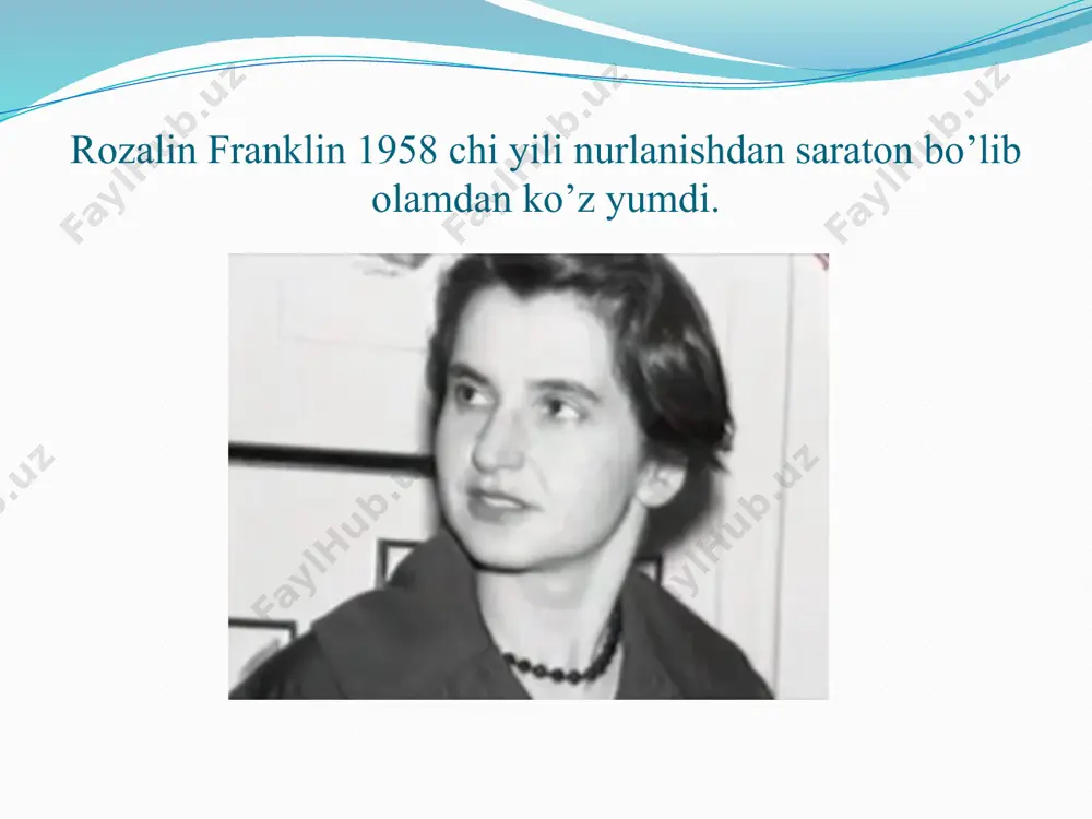 tarkibi dnk (30-45%), giston oqsili (30-50%) va giston bo’lmagan oqsillar (4-33%) dan iborat. xromatinning asosiy vazifasi dnk molekulalarini ixchamlash. xromatinlar yig’ilib xromasomani tashkil qiladi gistonlar - dnk bilan bog’lana oladigan oqsillar. ular eukaryotlar yadrosining asosiy oqsili bo'lib, lizin va argininga boy bo’ladi. nukleosoma- xromatinning asosiy subbirligi. har bir nukleosoma giston oktameri deb nomlangan sakkizta oqsillar to'plamiga o'ralgan dnk zanjirining ikki aylanishidan iborat. giston oktamerida h2a, h2b, h3 va h4 giston oqsillarining har biridan ikki nusxadan bo’ladi. dnk replikatsiyasi dnk replikatsiyasining bosqichlari: 1) initsiatsiya (boshlanish) dnk ni gistondan yechilishi giston diatsetilaza; dnk spirali yoyilishi topoizameraza; dnk ayrisini hosil bo’lishi xelikaza (prokariotlarda giraza); dnk polimeraza (i, ii, iii); rnk polimeraza (praymaza); atf, gtf, ttf, stf; ligaza; mg+; dnk ni bog’lovchi oqsillar (ssb). 2) elongatsiya yuqoridagilar ishtirokida etakchi va kechikuvchi (okazaki fragmentlari) zanjirlar sintezlanadi 3) terminatsiya yakunlanishi qoshimcha sifatida telomerlar 50-70 tagacha telomeraza fermenti 16 transkriptsiya 1) initsiatsiya (boshlanish) rnk polimeraza (praymaza); endonukleazalar; …