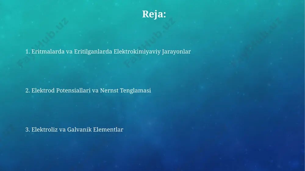 radi, 60-80% samaradorlikka ega bo'lib, issiqlik yo'qotishlarini kamaytiradi. galvanik elementlar galvanik elementlarda standart elektrod potentsiali (sep) qiymatlari reaksiya yo'nalishini va hujayraning elektromotor kuchini (emk) aniqlashda muhim rol o'ynaydi, masalan, standart sharoitda zn/zn²⁺ juftligi uchun sep -0.76 v ga teng. galvanik elementlarning samaradorligi elektrolit eritmasining konsentratsiyasi va ionlarning harakatchanligiga bog'liq bo'lib, yuqori konsentratsiyali eritmalar odatda yuqori tok zichligini ta'minlaydi. eritmalarda va eritilgan tuzlardagi elektrokimyoviy jarayonlar eritilgan tuzlardagi elektroliz jarayonlari yuqori haroratlarda (masalan, 1000°c dan yuqori) amalga oshirilib, metallarning yuqori darajadagi tozaligini ta'minlaydi, bu esa yarimo'tkazgichlar va boshqa yuqori texnologiyalar uchun muhim ahamiyatga ega. elektroliz jarayonining samaradorligi elektrolitning elektr o'tkazuvchanligi va ionlarning harakatchanligiga bog'liq bo'lib, odatda 1-10 sm/m oralig'ida bo'ladi. korroziya va himoya usullari katodik himoya usuli, potensial farqini 0.5-1.0 v ga tenglashtirib, himoya qilinadigan metallni katodga aylantirib, uning korroziyasini samarali ravishda oldini oladi. korroziyaning 80% dan ortig'i suvli muhitlarda, ya'ni elektrolit eritmalarida sodir bo'ladi, bu esa korroziyaga qarshi himoya usullarini tanlashda …
