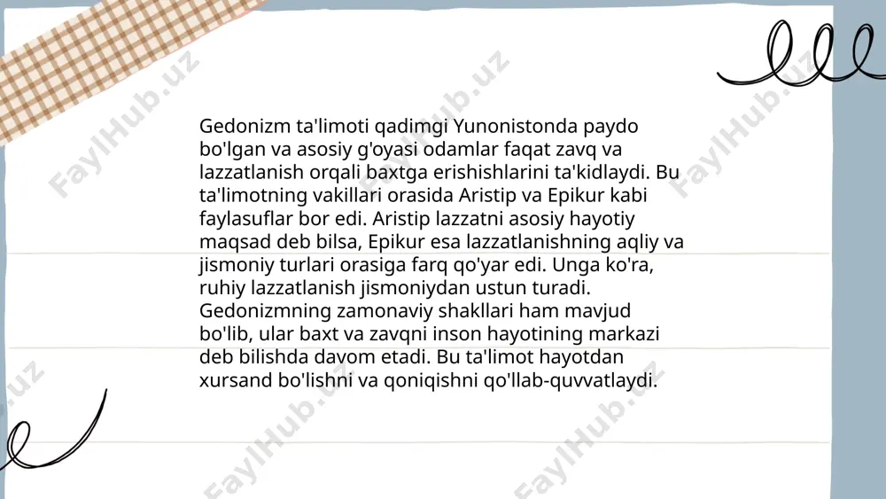 tlar muhimdir. aristotelning "nikomah axloqi" asarida bu g'oyalar batafsil yoritilgan. evdemonizmda shaxsiy va ijtimoiy hayot uyg'unligi muhim sanaladi. ... t.me/slaydai_bot epikur miloddan avvalgi 341-270-yillarda yashagan qadimgi yunon faylasufi bo‘lib, u gedonizm asoschilaridan biri hisoblanadi. uning ta'limotiga ko‘ra, hayotdagi eng oliy maqsad huzur-halovat va xotirjamlikka erishishdir. epikur axloqiy nazariyasida moddiy zavqdan ko‘ra ruhiy rohatlanishni ustun qo‘yadi. uning fikriga ko‘ra, baxtli hayot kechirish uchun ortiqcha istaklardan voz kechish va oddiy, lekin mamnun yashash kerak. epikur ta'limotida doimiy huzur va xotirjamlik holatini topish insonning asosiy axloqiy vazifasi deb qaraladi. ushbu falsafa orqali epikur o‘z davrida katta ta'sir ko‘rsatgan va bugungi kunda ham muhim axloqiy tafakkuriy maktablaridan biri hisoblanadi. ... t.me/slaydai_bot gedonizmning zamonaviy talqinlari insonning baxt va rohat izlash instinktlarini o'rganishga qaratilgan. so'nggi tadqiqotlar gedonizmning ijtimoiy va psixologik jihatlarini ham o'z ichiga olishiga urg'u beradi. zamonaviy gedonizm nafaqat individual qoniqishni, balki atrofdagi odamlarning ham baxtini hisobga olishga undaydi. ushbu yondashuvda ma'naviy va etnik qadriyatlar …