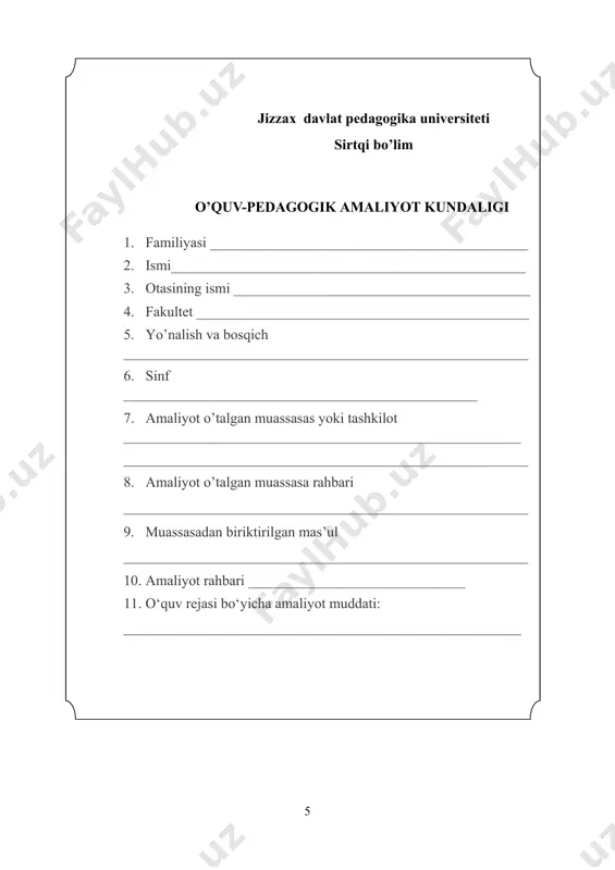 at mavzusi, hal qilinuvchi vazifalar va kutiladigan natijalar yuzasidan xulosalar olish 7 ota-onalar yig‘ilishida ishtirok etish ota-onalar yig‘ilishidan ko‘zlagan maqsad va vazifalar bilan tanishish 8 amaliyot yuzasidan yakuniy hisobot tayyorlash amaliyot davrida amalga oshirilgan pedagogik faoliyat (darslarni tashkil etish, dars kuzatish, ma’naviy-ma’rifiy tadbirlarning senariylarini ishlab chiqish, tadbirlarni tashkil etish, ota-onalar bilan ish olib borish va boshqa ishlar yizasidan yakuniy hisobot tayyorlanadi kundalik bajarilgan ishlarning qisqacha mazmuni (xulosa va takliflar) “______”______________ 20____ -yilil ____________________________________________________________________________________________________________________________________________________________________________________________________________________________________________________________________________________________________________________________________________________________________________________________________________________________________________________________________________________________________________________________________________________________________________________________________________________________________________________________________________________________________________________________________________________________________________________________________________________________________________________________________________________________________________________________________________________________________________________________________________________________________________________________________________________________________________________________________________________________________________________________________________________________________________________________________________________________________________________________________________________________________________________________________________________________