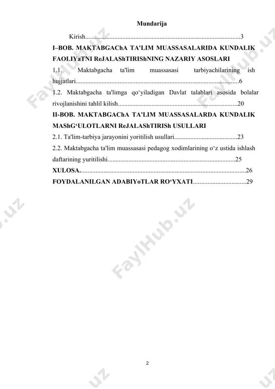 ta'lim-tarbiyaviy ishlarni samarali tashkil etishida m.montessori, imen kabi pedagogik texnologiyalar, zamonaviy interfaol usullardan foydalanishi samarali natija beradi. pedagogik texnologiyalar bilan sug‘orilgan mashg‘ulotlarda bolalar o‘zlarini erkin his qiladilar, barcha topshiriqlarni bajonudil bajaradilar. bolalar egallashlari kerak bo‘lgan bilim, ko‘nikma va malakalarni tez va zo‘riqishsiz, oson egallaydilar, o‘ynab zavq oladilar, tafakkurlari rivojlanadi. maktabgacha ta'lim muassasalarda ta'lim-tarbiya jarayonini rejalashtirish bo‘yicha metodik ko‘rsatmalar: tarbiyachilarning ish hujjatlari va ularning yuritilishi, har bir yosh guruhida hafta davomida o‘tkaziladigan mashg‘ulotlar soni va har bir mashg‘ulot qancha davom etishi, bir kunlik kundalik faoliyatning yoritilishi, maktabgacha yoshdagi bolalarning rivojlanish ko‘rsatkichlarini tahlil qilish uchun mezonlar, bolalarning rivojlanish ko‘rsatkichlarini tahlil qilish yo‘llari yoritib berilgan. metodik tavsiya tarbiyachilarga ish faoliyatlarida tajribalari va bolalar bilimlari asosida ijodiy yondashib ish olib borishlarida amaliy ko‘rsatma bo‘ladi. ta'lim muassasalarida maktabgacha yoshdagi bolalarni jismoniy, aqliy, ijtimoiy hissiy jihatdan kamol toptirish va ularning sog‘ligini muhofaza qilish, bolalarni erkin fikrlash, ijodiy qobiliyatlarni rivojlantirish, ahloqiy va ma'naviy jihatdan barkamol qilib maktab …