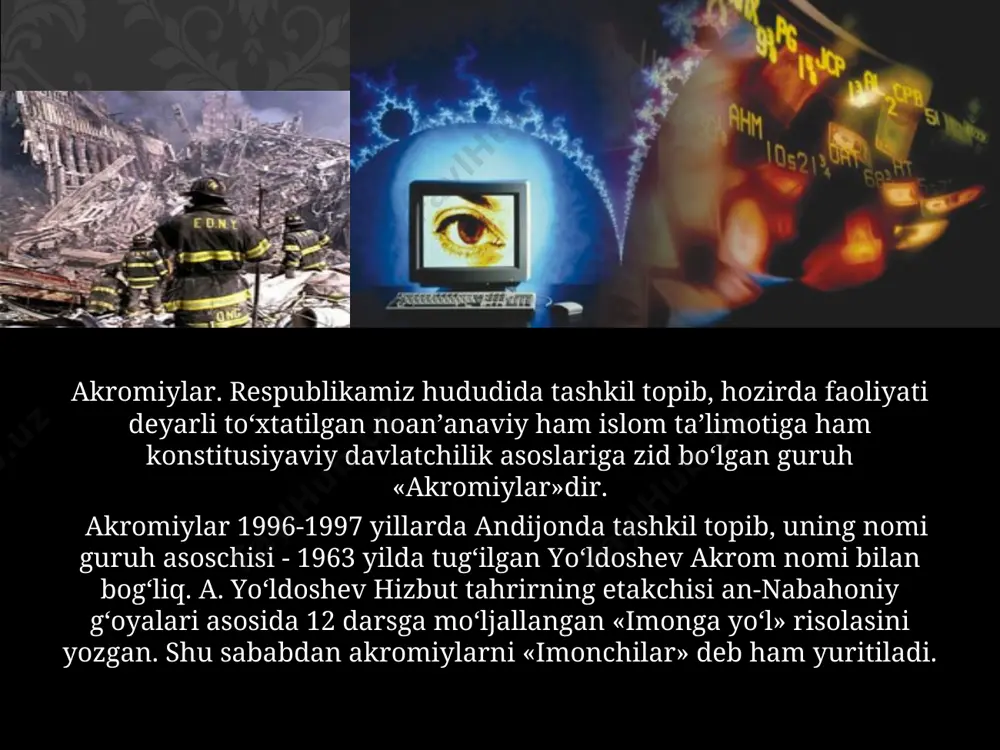 ishxonalardan bo`shab, jamoa ma`qullagan mehnat faoliyati bilan shugullanganlar. ular mavjud tuzumni tan olmaydilar, davlat, qonun, ota-onaga emas, faqat oqim sardorlariga bo`ysunish lozim deb hisoblaydilar. akromiylar asoschisi vahhobiylik ta`limotiga tayanib, 1992 yilda 12 darsdan iborat "imonga yo`l" deb nomlangan dastur ishlab chiqqan. dasturda oxirgi maqsad - islom davlatini barpo etishdan iborat ekani ta`kidlangan. akromiylar siyosiy hokimiyatga erishishning 5 bosqichini rejalashtirganlar: 1. "sirli" yoki "maxfiy". 2. moddiy. 3. ma`naviy. 4. "uzviy maydon". 5. "to`ntarish". dasturda diniy taassubga moyilligi bor shaxs tanlab olinishi, uning moddiy hayoti yaxshilanishi, ekstremizm, terrorchilik ruhidagi adabiyotlar bilan tanishtirilishi, boshliqning topshiriqlarini so`zsiz bajarishi va nihoyat mavjud konstitutsiyaviy tuzumni ag`darib tashlab, o`z hokimiyatlarini o`rnatishi bayon etilgan. akromiylar hozirgi kunda musulmonlarga namoz, ro`za, zakot, haj farz emas, chunki biz kufr davlatida yashamoqdamiz, deb hisoblaydilar. to islom davlati qurilmaguncha, mazkur ibodatlarni bajarish shart emas deb qaraydilar. o`zbekiston musulmonlari bu oqimni islomga yot oqim deb baholadi. oqim xalqning keskin qarshiligiga uchradi va faoliyati …