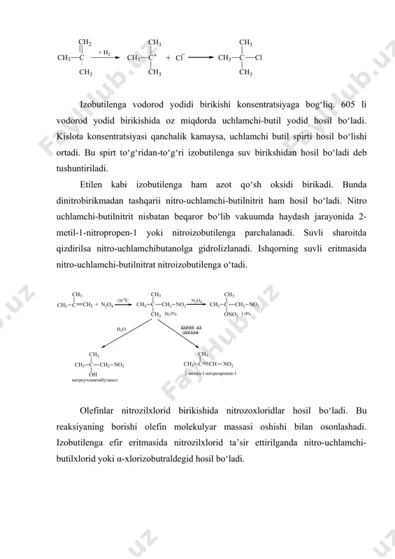 merlanish uchun esa masalan silikagelga о‘tkazilgan toriy oksidli katalizatordan foydalanish mumkin. izobutilenning kimyoviy xossalari. izobutilen ham boshqa alkenlar singari birikish, sikllanish, polimerlanish, almashnish, parchalanish va oksidlanish reaksiyalariga kirishadi. izobutilenga galogenlar birikishi reaksiyasi ancha qiyin ketadi. dastlab birikish mahsuloti hosil bо‘ladi, sо‘ngra hatto past (0 0s) haroratda ham galogen vodorod ajratib chiqib tо‘yinmagan galogenli birikmaga о‘tadi. natijada galogen tutgan tо‘yingan va tо‘yinmagan birikmalar aralashmasi olinadi. +о‘shimcha mahsulot sifatida hosil bо‘lgan izobutilenxlorid metakrilonitril ishlab chiqarishda xomashyo hisoblanadi va sanoat miqyosida shu usulda olinadi. izobutilenga brom birikishidan hosil bо‘lgan mahsulot tarkibida tо‘yingan di- va polibromli hosilalar borligi anilanganyu yuqori keltirilganidek qо‘shbog‘ga galogenvodorodlar qutbli mexanizm bо‘yicha birikadi va tо‘yinmagan uglevodorodlarning monogalogenli hosilasini hosil qiladi. izobutilenga birikish esa etilenga nisbatan yuqori tezlik bilan boradi va past haroratda ham mahsulot miqdoriy hosil bо‘ladi. ayniqsa erituvchisiz sharoitda suvsiz galogenvodorod ta’sirida bu jarayon yanada kuchayadi. izobutilenga vodorod yodidi birikishi konsentratsiyaga bog‘liq. 605 li vodorod yodid birikishida oz miqdorda …