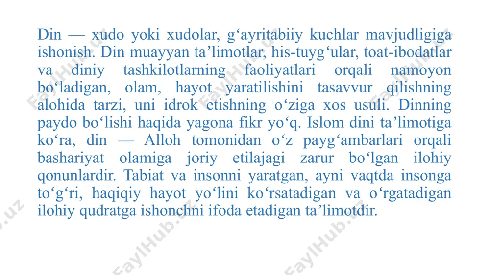 asuflari qarashlarida aks etgan. xvii asrga kelib yevropada cherkov hokimiyatining susaya boshlashi, hurfikrlilik namoyandalari - din tanqidchilarining paydo bо‘lishi, xix asrning ikkinchi yarmida charlz darvin tomonidan “turlarning kelib chiqishi” (1859) nomli asarning chop etilishi ham turtki bо‘ldi. keyinchalik mazkur qarashlar avgust komt va lyudvig buxnerlar tomonidan eng chо‘qqisiga kо‘tarildi. unga kо‘ra din bu ijtimoiy hodisa, inson tafakkuri, emotsiyalari mahsulidir. mazkur qarash tarafdorlari fikricha, dinlar soddadan – murakkabga, umumiylikdan – xususiylikka, kо‘pxudolikdan – yakkaxudolikka tomon uzoq tarixiy evolyusion jarayonni bosib о‘tgan. unga kо‘ra, ilk davrdagi ibtidoiy odamning jismoniy, fiziologik, asab-endokrin, biologik, psixologik va boshqa sohalari о‘ziga xos xususiyatlarga ega edi. bu nafaqat uning hayoti va faoliyatiga, fe’l-atvoriga, balki uning fikrlash darajasiga, kuchli hayajonlanishiga, tasavvur etishiga, mustahkam, haqiqiy yoki soxta mantiqiy qonuniyatlarni kashf etishiga ta’sir kо‘rsatadi. uyqu, tush va nafas olish kabi holatlarda tanani boshqaruvchi va о‘lim bilan undan ajratib turuvchi, hayot bag‘ishlovchi qandaydir kuch mavjudligiga ishongan ajdodlarimiz, mazkur kuch harakat qiluvchi …