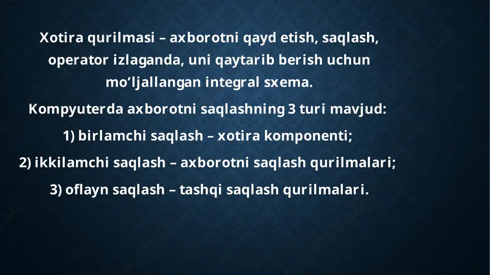 pgan saqlash qurilmasi. asosiy vazifasi ma’lumotlarni qattiq diskka yozish, o‘qishni boshqarish orqali ma’lumotlarni doimiy saqlashdan iborat. qurilma sata slotiga tizimli platadagi maxsus shleyflar orqali ulanadi usb flash xotira usb flash xotira (ing. flash drives) – ma’lumotlarni ssd usuliga o‘xshash usulda saqlovchi o‘ta kichik, ko‘chma saqlash qurilmasi. ushbu axborotni saqlash qurilmasi usb porti orqali ulanadi va qurilmalar orasida axborotlarni tezkor almashishini ta’minlaydi. cd disk cd disk (ing. compact disc – kompakt disk) portativ xotira bo‘lib, uni maxsus cd disk yurituvchi yordamida o‘qish mumkin. disk ma’lumotni optik tarzda saqlaydi, ya’ni axborotni elektromagnit to‘lqinlar yordamida yozadi dvd disk dvd disk (ing. digital versatile disc – raqamli universal disk) tomon va qatlamlari soniga qarab nomlanadi. disk nomidagi 5, 9, 10, 14, 18 sonlari diskda qancha gb ma’lumot saqlanishini ko‘rsatadi. dvdga ma’lumot sektorlar bo‘ylab yoziladi, bunda bitta sektorga 2048 bayt ma’lumot yoziladi қобиқ дастурлар тўғрисида тушинча. қобиқ дастурлар булар шундай дастурларки улар операцион системада файллар, …