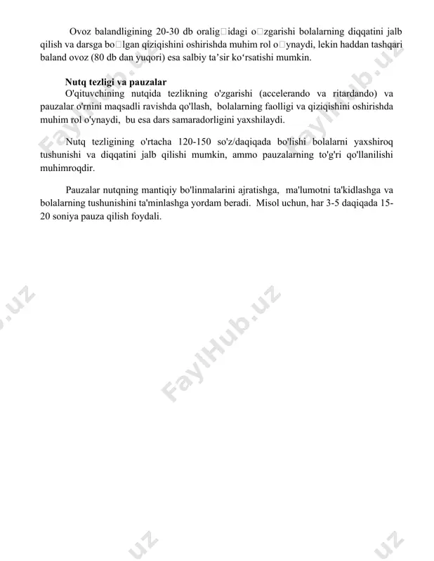 tezligining o'rtacha 120-150 so'z/daqiqada bo'lishi bolalarni yaxshiroq tushunishi va diqqatini jalb qilishi mumkin, ammo pauzalarning to'g'ri qo'llanilishi muhimroqdir. pauzalar nutqning mantiqiy bo'linmalarini ajratishga, ma'lumotni ta'kidlashga va bolalarning tushunishini ta'minlashga yordam beradi. misol uchun, har 3-5 daqiqada 15-20 soniya pauza qilish foydali. 📌xulosa бошланғич синф ўқитувчиси нутқида паралингвистик воситалардан самарали фойдаланиш ўқувчиларга маълумотни яхшироқ англаб етишга ва дарс жараёнига фаолроқ киришишга ёрдам беради. бу эса ўқитиш самарадорлигини оширади. 📚foydalanilgan adabiyotlar 1. бобожонова, з.б. (2018). бошланғич синф ўқитувчилари нутқида паралингвистик воситаларнинг ўрни. педагогика фанларининг долзарб муаммолари (с. 125-130). тошкент. 2. раҳимова, н.а. (2020). паралингвистик воситалар орқали ўқувчиларнинг диққатини жалб этиш. замонавий таълимда инновацион технологиялар (с. 15-22). самарқанд. 3. исмоилова, д.х. (2022)
