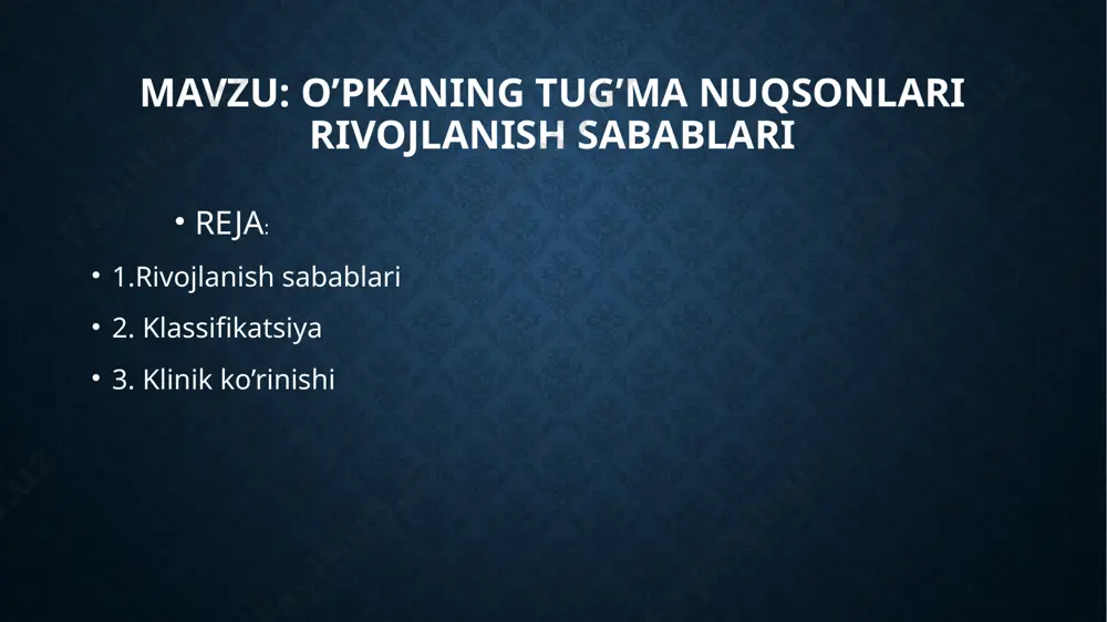 yallig’lanish kasalliklariga olib keladi, bu esa nafas yetishmovchiligiga olib keladi. nuqson operativ yo’l bilan davolanadi. o’pka gipoplaziyasi o’pkani barcha to’qima elementlari rivojlanmasligi. 2ta turi mavjud bular: 1.oddiy 2.kistasimon gipoplaziyaning oddiy shakli o’pkani yoki uni ma’lum bo’lagini hajmini kamayishi, bronx va tomirlarni torayishi bilan tavsiflanadi. klinikasi: nafas yetishmovchiligi ko’krak va nafas olish assimetriyasi, mediastinal organlarni o’pka qisqargan tomonga sijishi, asosiy omil o’pka gipolaziyasi bo’lgan tomonda yiringli yallig’lanish jarayoni bo’lishi. gipoplaziyaning kistoz shakli segmentar yoki subsegmentar bronxlarini kistoz kengayishi va ushbu qismda o’pka parenximasi yo’qligi bilan tavsiflanadi. kistalar kubsimon yoki silindrsimon epiteliy bilan qoplangan . anomaliyaning 3ta asosiy turi morfologik jihatdan ajralib turadi. 1-toifa-diametric 2sm dan oshiq bo’lgan bitta yoki ko’p sonli soxta qatlamli silindrsimon epiteliy bilan qoplangan, orasida normal alveolaga o’xshash to’qima elementlari joylashishi mumkin. 2-toifa-diametri 1sm dan kichik bo’lgan kistalar silindrsimon epiteliy bilan qoplangan. 3-toifa-odatda kistoz harakterga ega bo’lgan keng ko’lamli shikastlanish va bu qoida tariqasida mediastinumning joyidan qo’zg’alishiga olib …